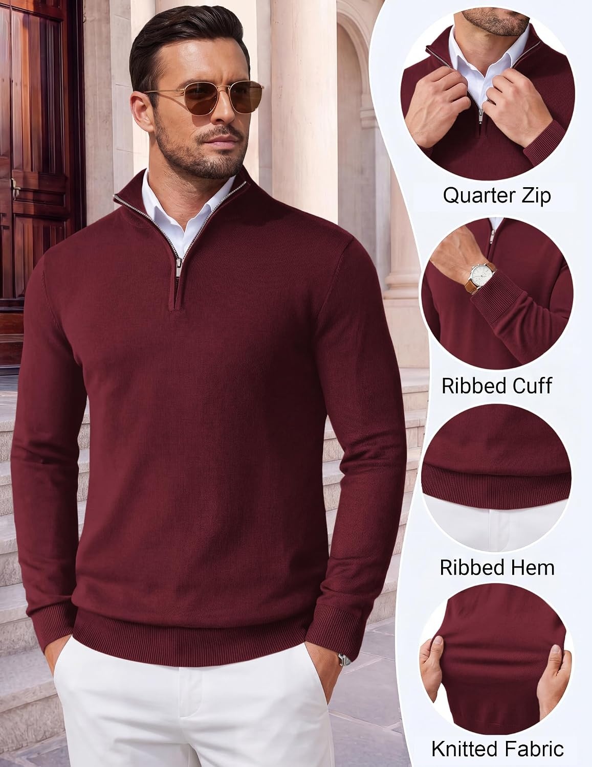 image:imageCOOFANDY Mens Quarter Zip Up Sweaters Slim Fit Lightweight Mock Pullover Casual Polo Sweaters Quarter Zip Pullover Business Winter Fall Relaxed Fit Knit Turtleneck Sweater Metal Zipper PullWine Red