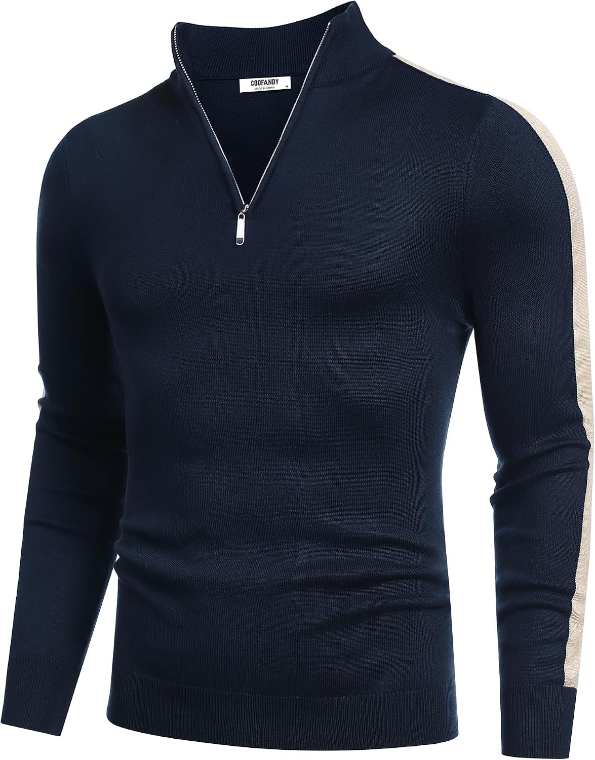 image:imageCOOFANDY Mens Quarter Zip Up Sweaters Slim Fit Lightweight Mock Pullover Casual Polo Sweaters Quarter Zip Pullover Business Winter Fall Relaxed Fit Knit Turtleneck Sweater Metal Zipper PullNavystripekhaki