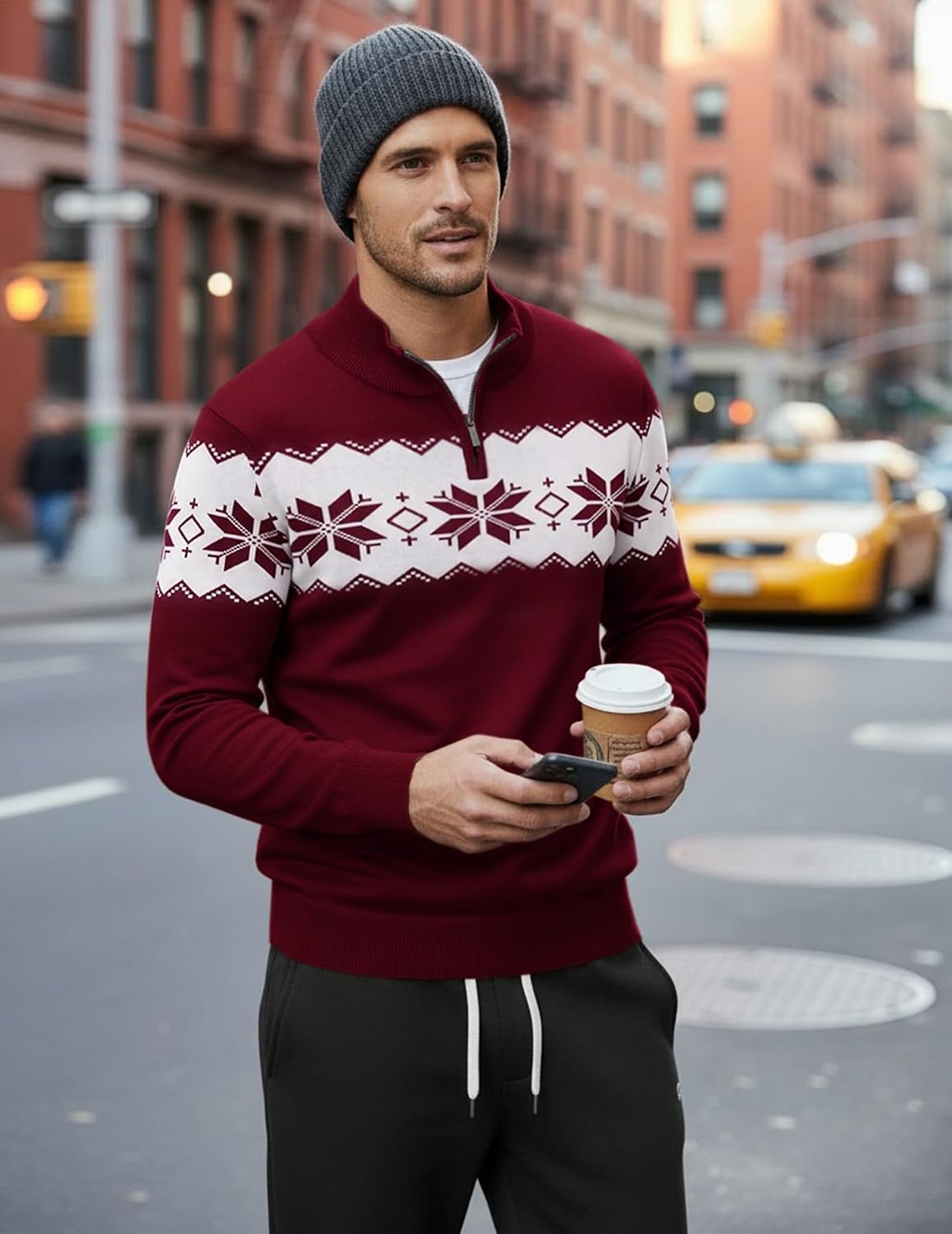 image:imageCOOFANDY Mens Quarter Zip Up Sweaters Slim Fit Lightweight Mock Pullover Casual Polo Sweaters Quarter Zip Pullover Business Winter Fall Relaxed Fit Knit Turtleneck Sweater Metal Zipper PullChristmas Red White