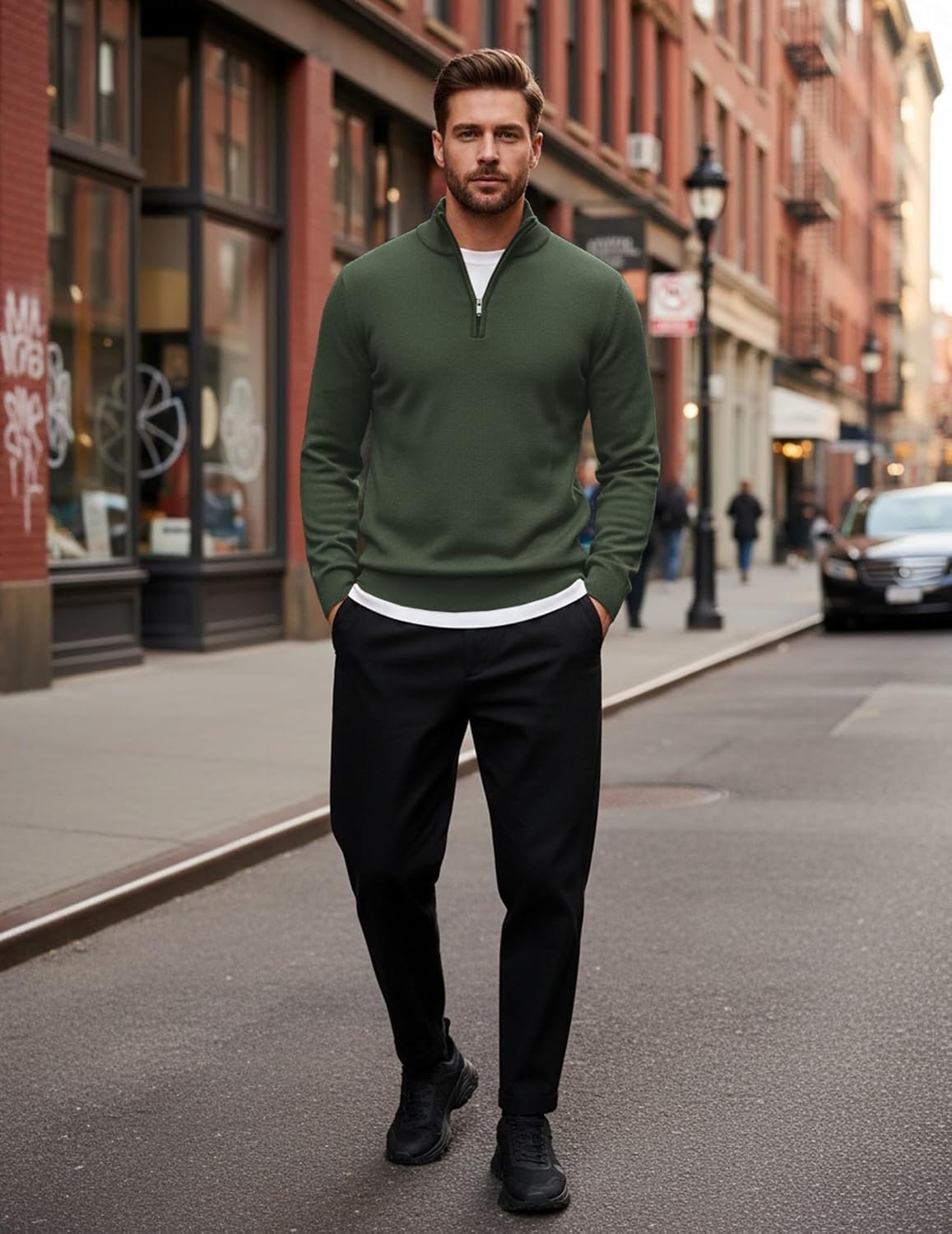 image:imageCOOFANDY Mens Quarter Zip Up Sweaters Slim Fit Lightweight Mock Pullover Casual Polo Sweaters Quarter Zip Pullover Business Winter Fall Relaxed Fit Knit Turtleneck Sweater Metal Zipper PullArmy Green