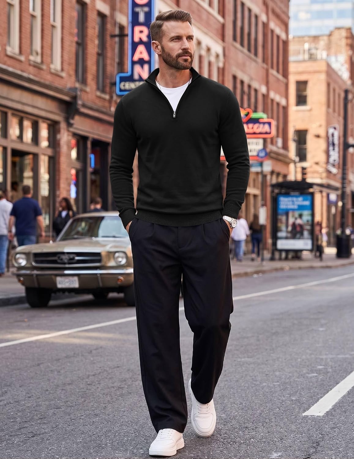 image:imageCOOFANDY Mens Quarter Zip Up Sweaters Slim Fit Lightweight Mock Pullover Casual Polo Sweaters Quarter Zip Pullover Business Winter Fall Relaxed Fit Knit Turtleneck Sweater Metal Zipper PullBlack