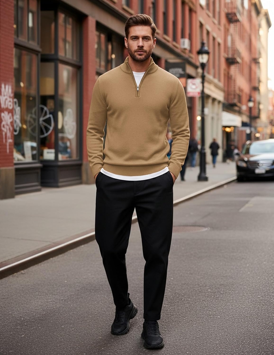 image:imageCOOFANDY Mens Quarter Zip Up Sweaters Slim Fit Lightweight Mock Pullover Casual Polo Sweaters Quarter Zip Pullover Business Winter Fall Relaxed Fit Knit Turtleneck Sweater Metal Zipper PullCamel