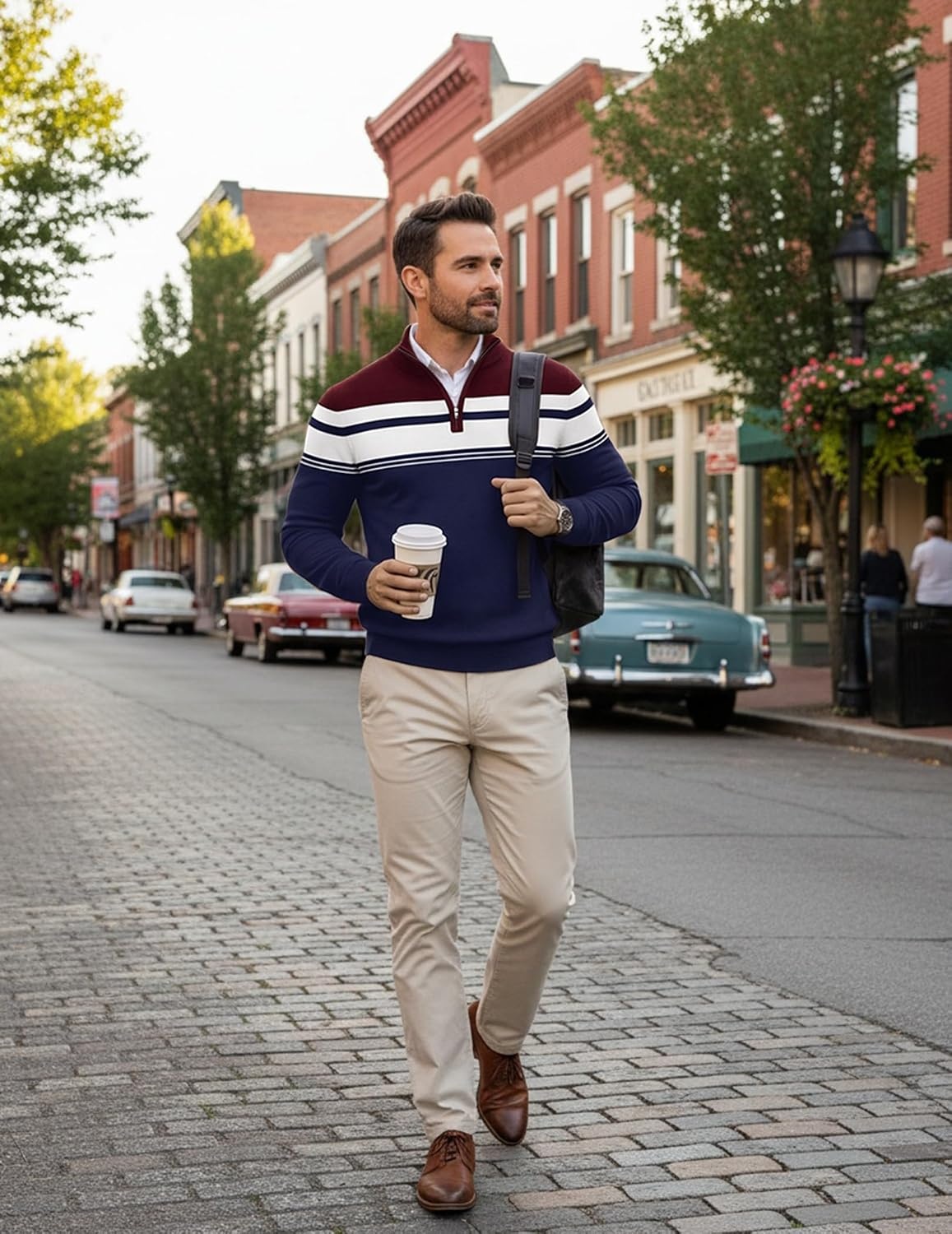 image:imageCOOFANDY Mens Quarter Zip Up Sweaters Slim Fit Lightweight Mock Pullover Casual Polo Sweaters Quarter Zip Pullover Business Winter Fall Relaxed Fit Knit Turtleneck Sweater Metal Zipper PullWine Red Navy Blue Stripe