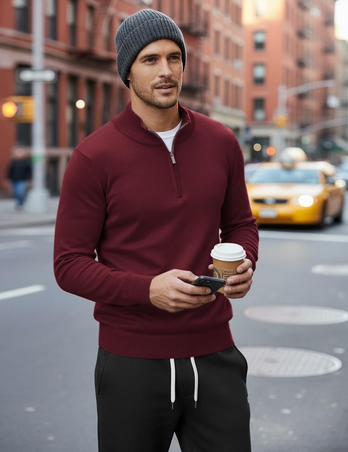 image:imageCOOFANDY Mens Quarter Zip Up Sweaters Slim Fit Lightweight Mock Pullover Casual Polo Sweaters Quarter Zip Pullover Business Winter Fall Relaxed Fit Knit Turtleneck Sweater Metal Zipper PullWine Red