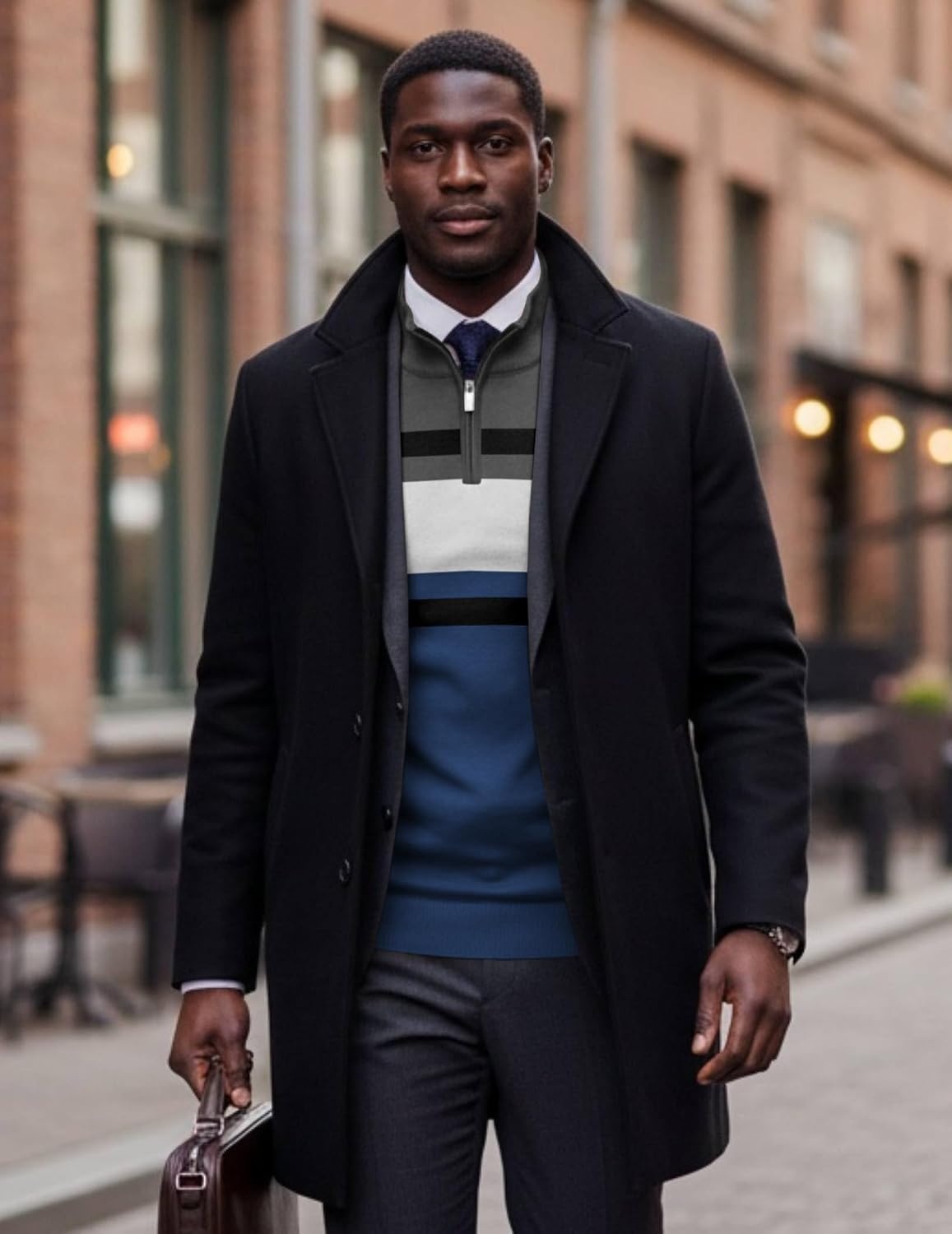 image:imageCOOFANDY Mens Quarter Zip Up Sweaters Slim Fit Lightweight Mock Pullover Casual Polo Sweaters Quarter Zip Pullover Business Winter Fall Relaxed Fit Knit Turtleneck Sweater Metal Zipper PullDark Blue White Stripe