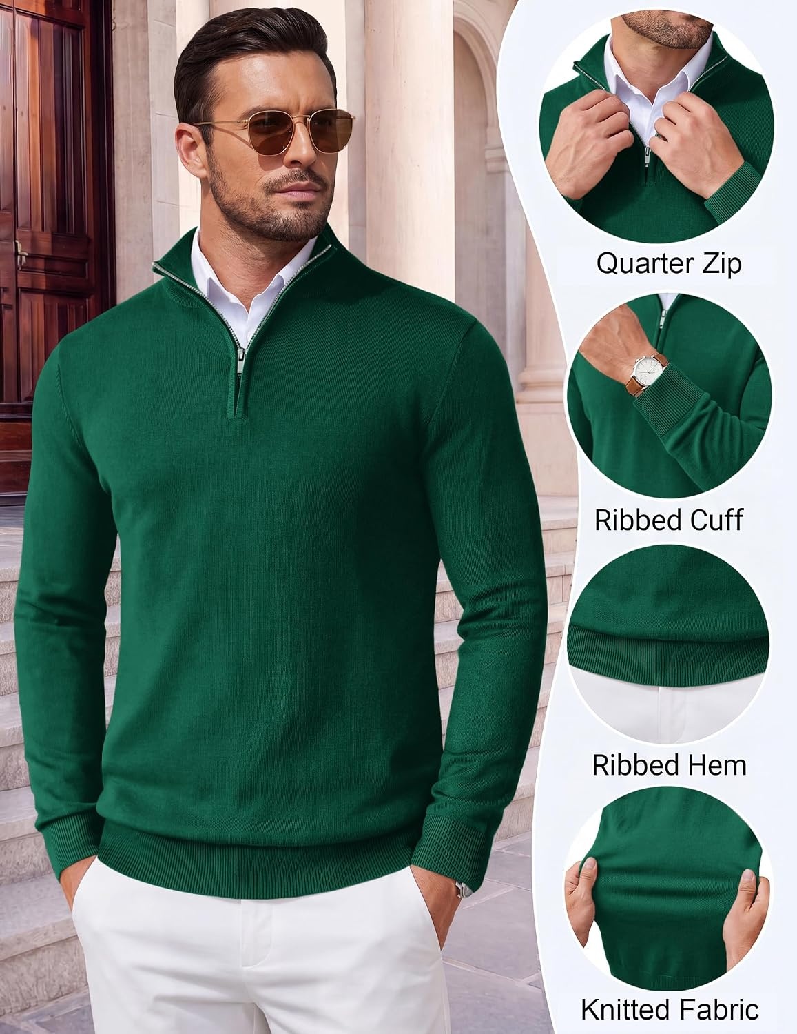image:imageCOOFANDY Mens Quarter Zip Up Sweaters Slim Fit Lightweight Mock Pullover Casual Polo Sweaters Quarter Zip Pullover Business Winter Fall Relaxed Fit Knit Turtleneck Sweater Metal Zipper PullAdark Green