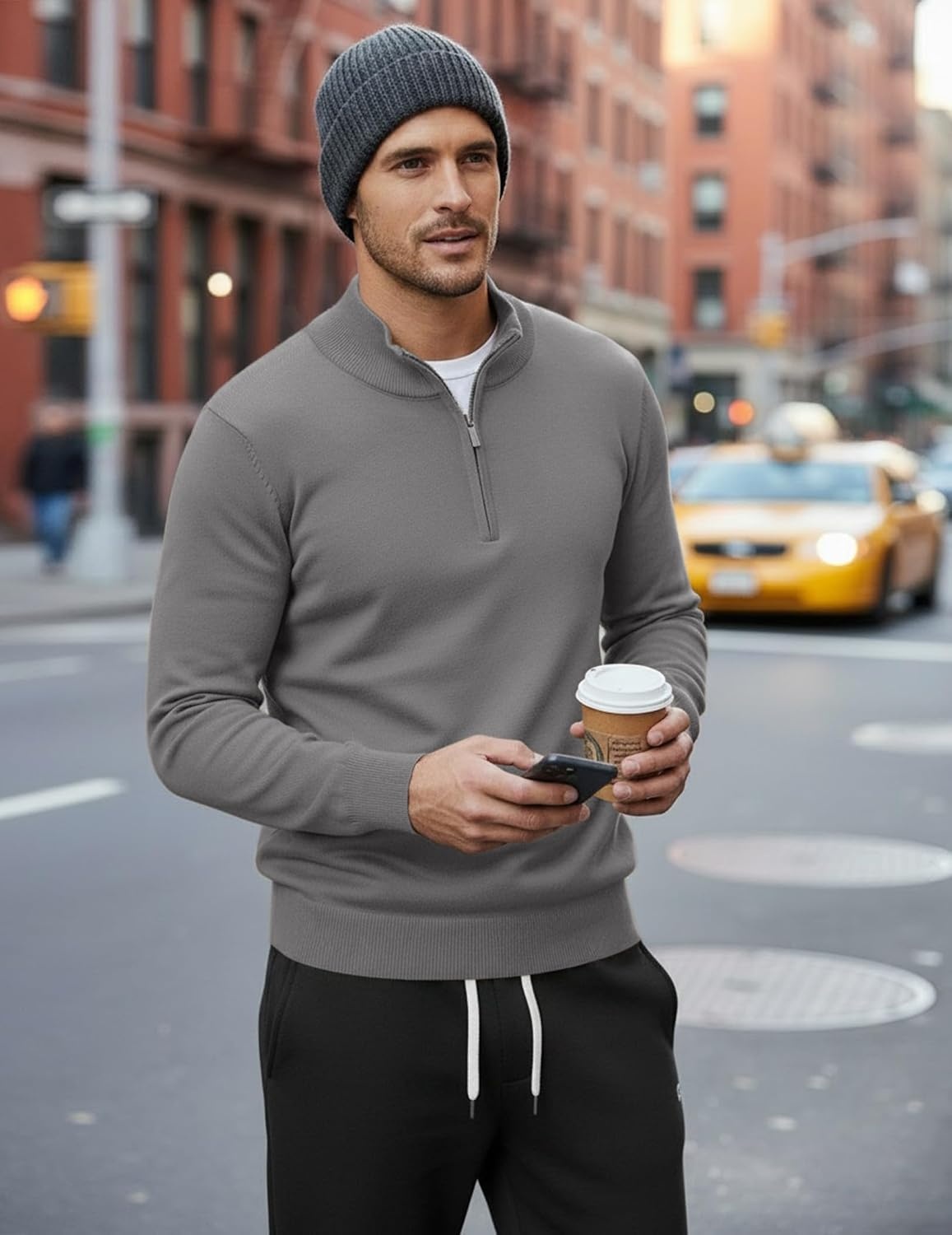 image:imageCOOFANDY Mens Quarter Zip Up Sweaters Slim Fit Lightweight Mock Pullover Casual Polo Sweaters Quarter Zip Pullover Business Winter Fall Relaxed Fit Knit Turtleneck Sweater Metal Zipper PullGrey