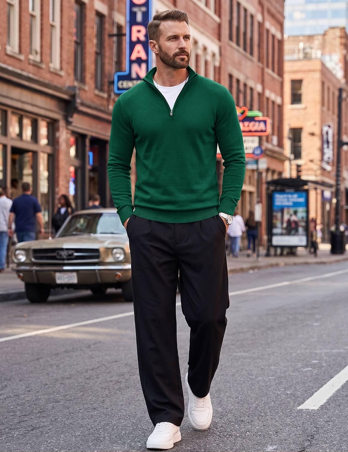 image:imageCOOFANDY Mens Quarter Zip Up Sweaters Slim Fit Lightweight Mock Pullover Casual Polo Sweaters Quarter Zip Pullover Business Winter Fall Relaxed Fit Knit Turtleneck Sweater Metal Zipper PullAdark Green