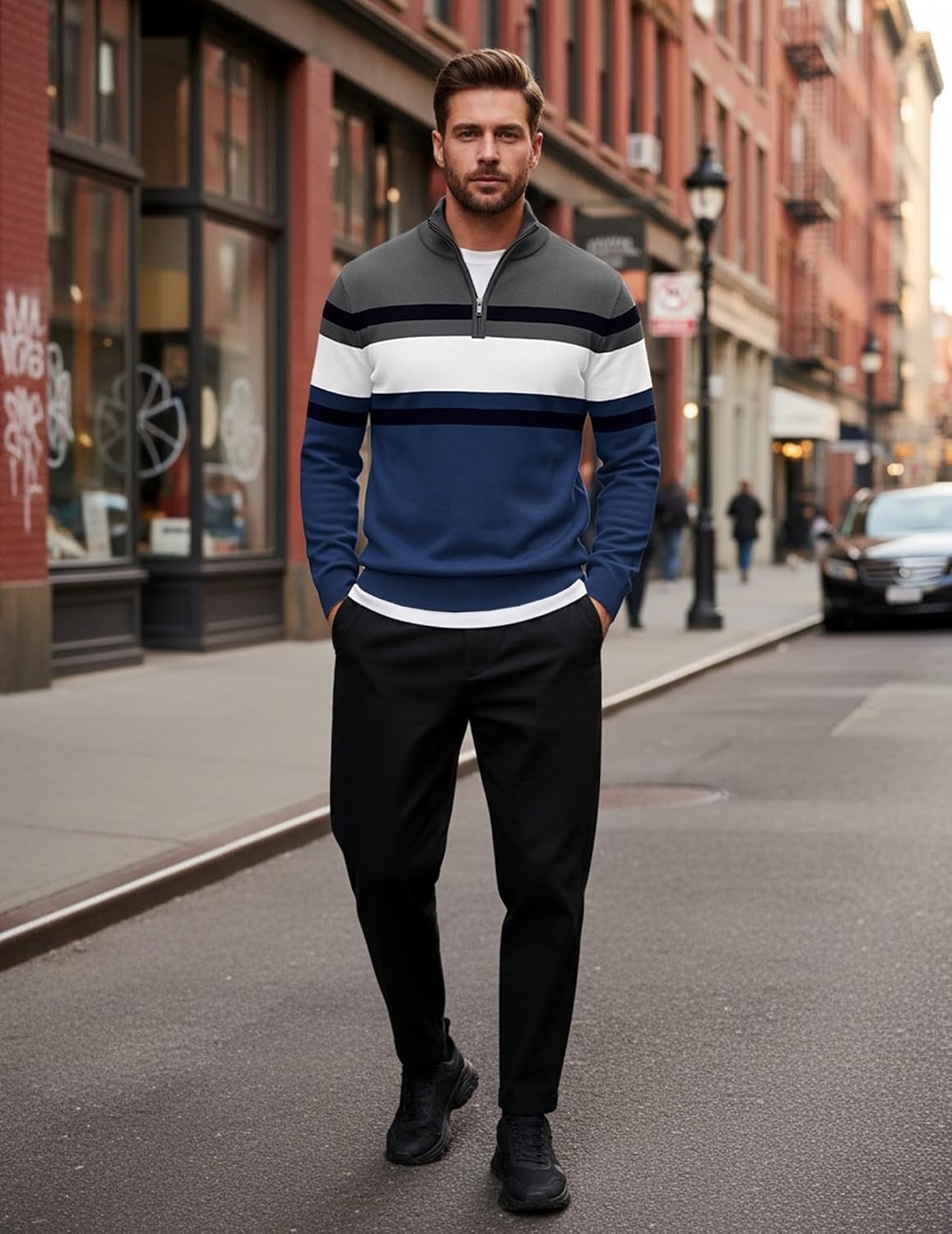 image:imageCOOFANDY Mens Quarter Zip Up Sweaters Slim Fit Lightweight Mock Pullover Casual Polo Sweaters Quarter Zip Pullover Business Winter Fall Relaxed Fit Knit Turtleneck Sweater Metal Zipper PullDark Blue White Stripe