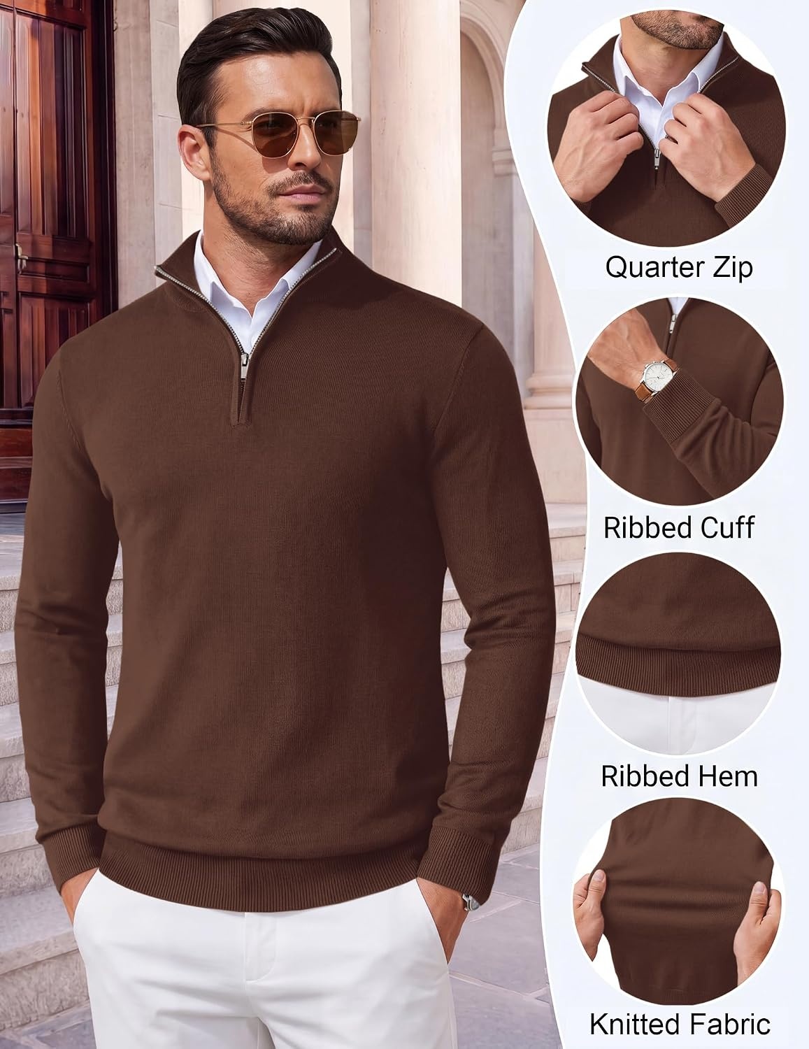 image:imageCOOFANDY Mens Quarter Zip Up Sweaters Slim Fit Lightweight Mock Pullover Casual Polo Sweaters Quarter Zip Pullover Business Winter Fall Relaxed Fit Knit Turtleneck Sweater Metal Zipper PullDark Brown