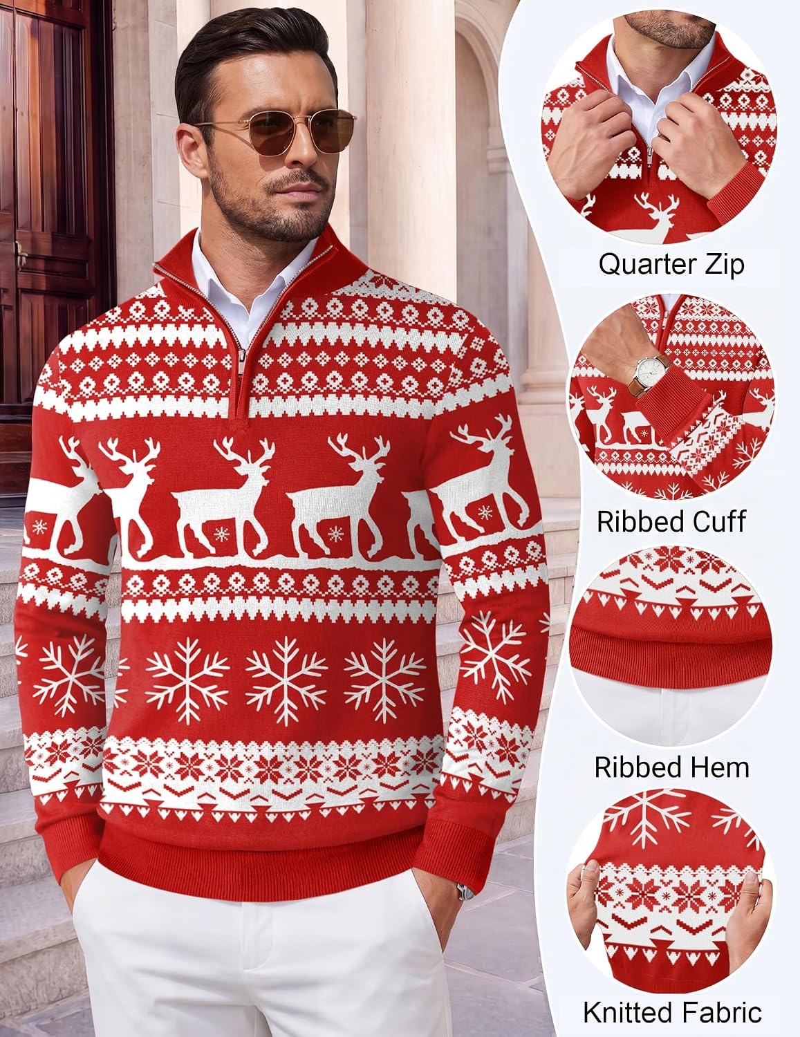 image:imageCOOFANDY Mens Quarter Zip Up Sweaters Slim Fit Lightweight Mock Pullover Casual Polo Sweaters Quarter Zip Pullover Business Winter Fall Relaxed Fit Knit Turtleneck Sweater Metal Zipper PullChristmas Red Elk