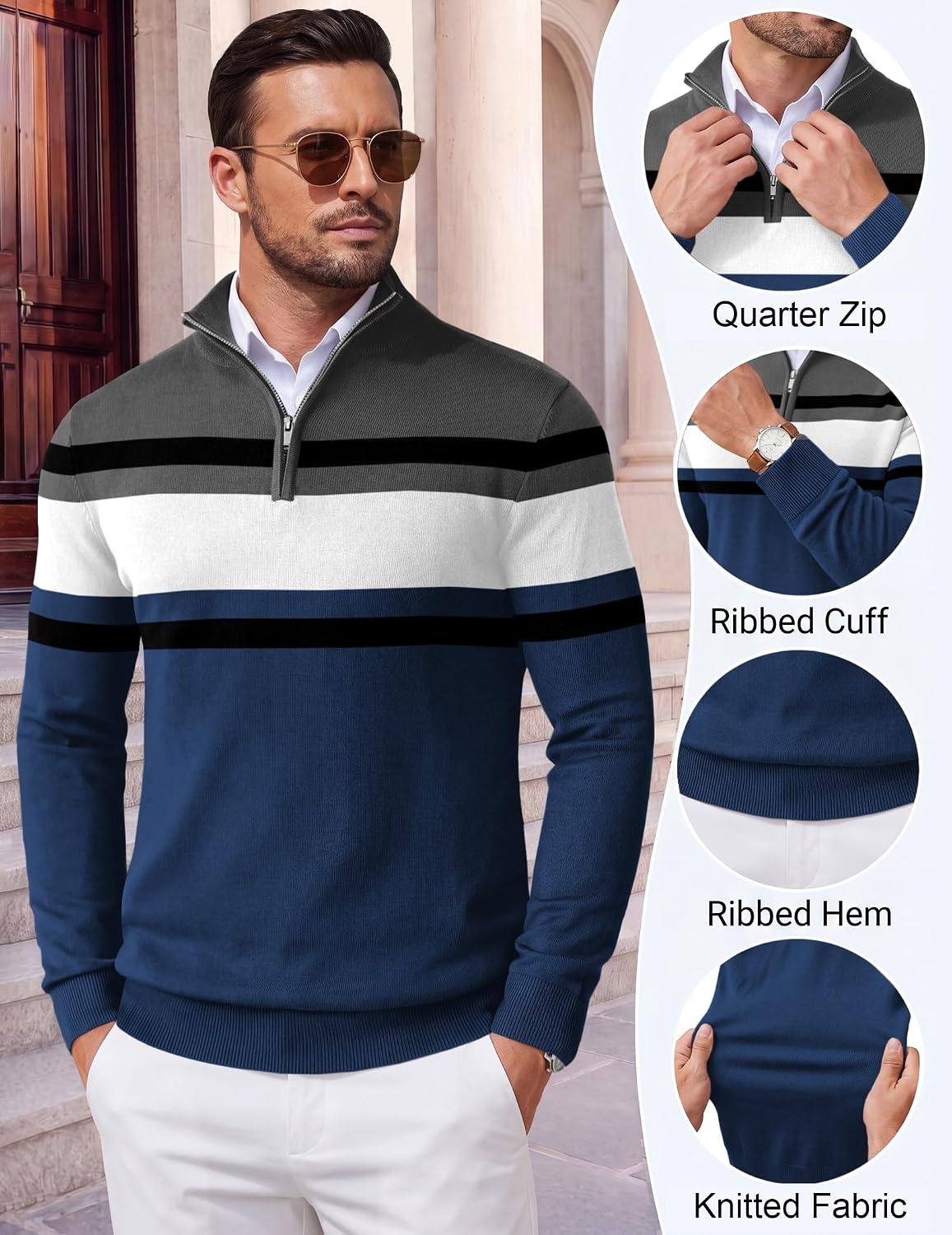 image:imageCOOFANDY Mens Quarter Zip Up Sweaters Slim Fit Lightweight Mock Pullover Casual Polo Sweaters Quarter Zip Pullover Business Winter Fall Relaxed Fit Knit Turtleneck Sweater Metal Zipper PullDark Blue White Stripe