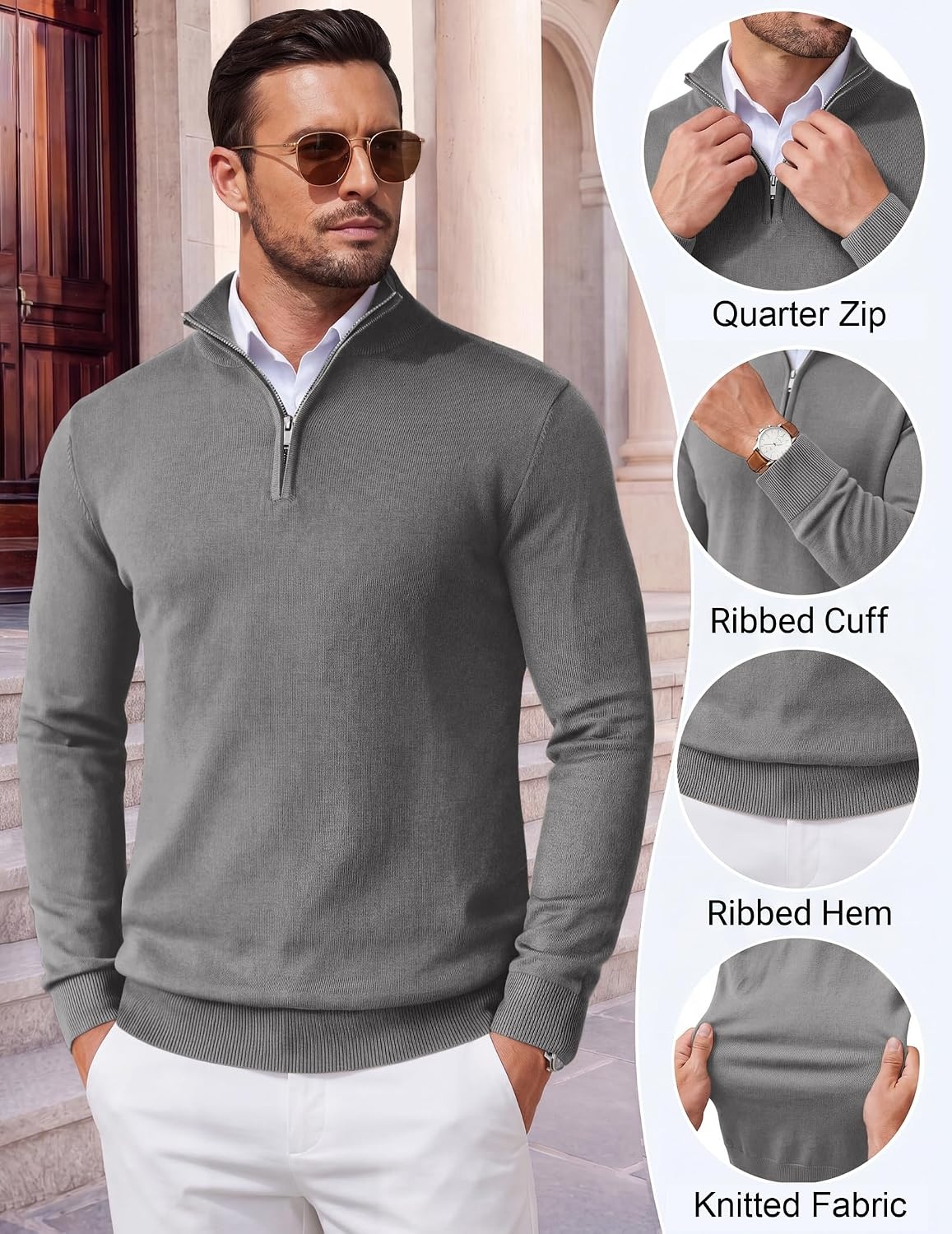 image:imageCOOFANDY Mens Quarter Zip Up Sweaters Slim Fit Lightweight Mock Pullover Casual Polo Sweaters Quarter Zip Pullover Business Winter Fall Relaxed Fit Knit Turtleneck Sweater Metal Zipper PullGrey