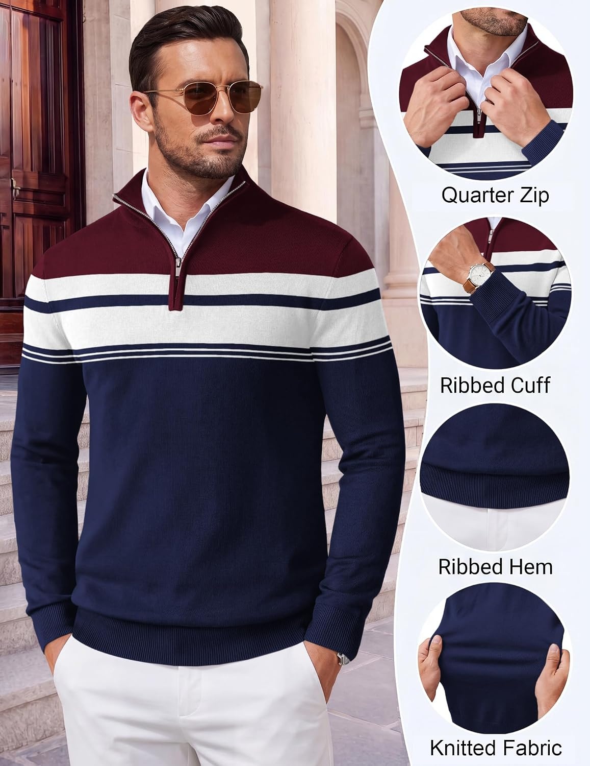 image:imageCOOFANDY Mens Quarter Zip Up Sweaters Slim Fit Lightweight Mock Pullover Casual Polo Sweaters Quarter Zip Pullover Business Winter Fall Relaxed Fit Knit Turtleneck Sweater Metal Zipper PullWine Red Navy Blue Stripe