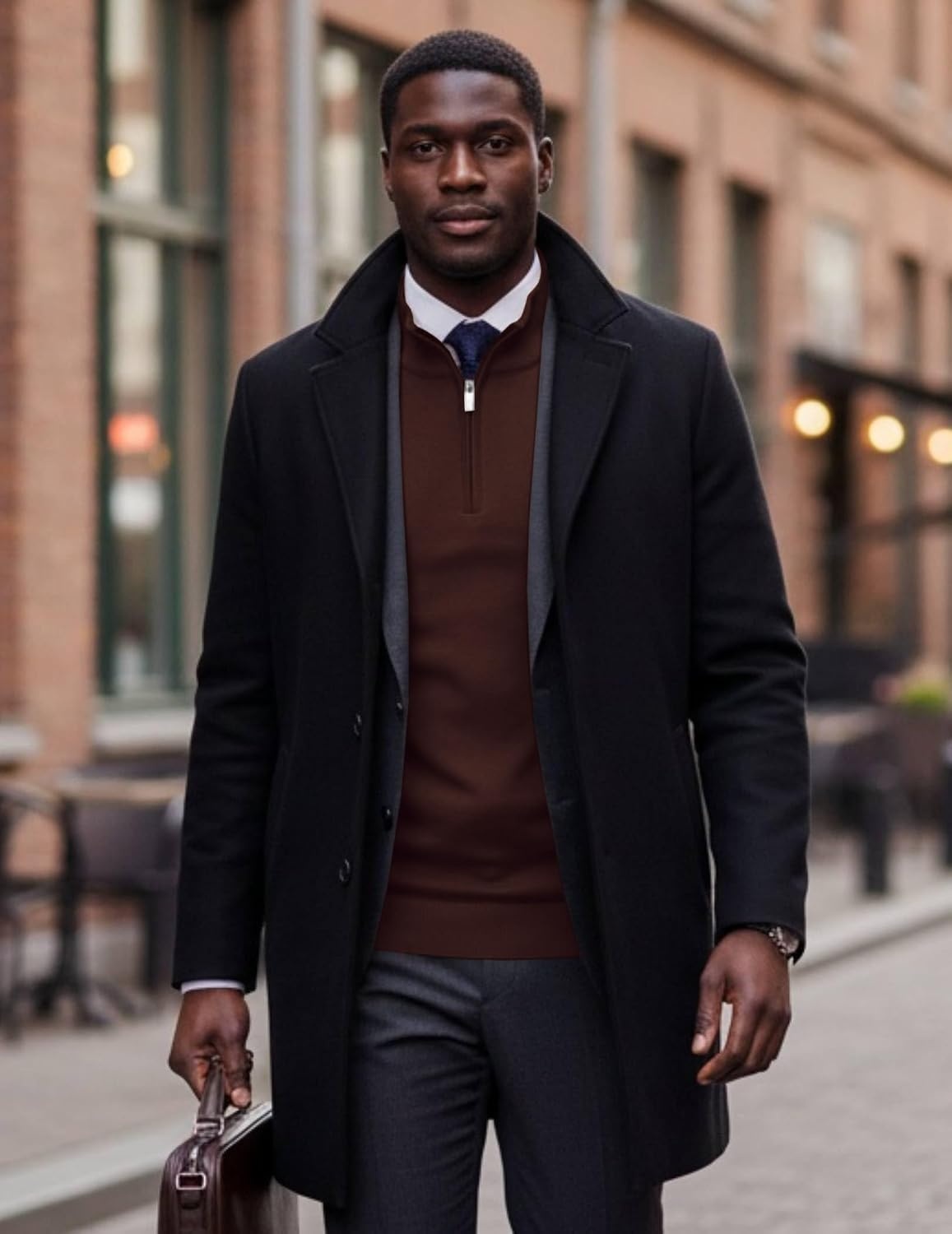 image:imageCOOFANDY Mens Quarter Zip Up Sweaters Slim Fit Lightweight Mock Pullover Casual Polo Sweaters Quarter Zip Pullover Business Winter Fall Relaxed Fit Knit Turtleneck Sweater Metal Zipper PullDark Brown