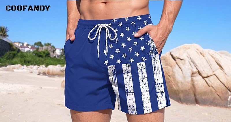 image:imageCOOFANDY Mens Swim Trunks Quick Dry Board Shorts Swimwear Bathing Suit Quick Dry Four Way Stretch Fabric3 inch InseamSide PocketsP Blue American Flag