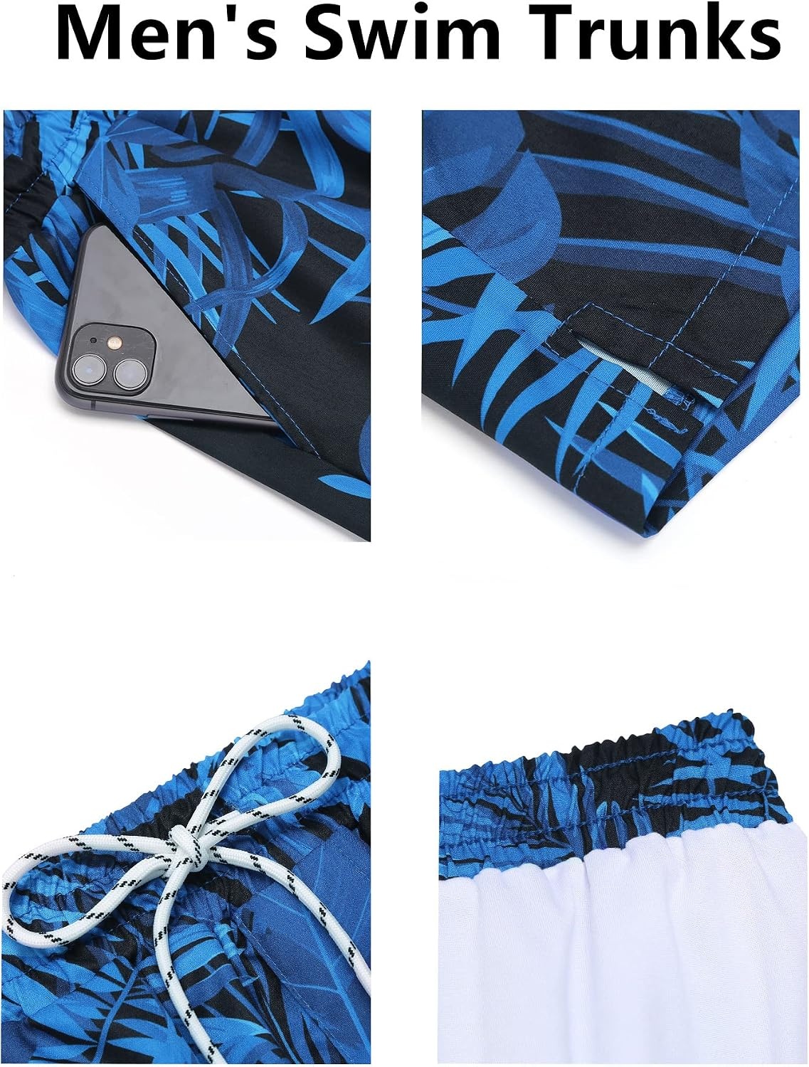 image:imageCOOFANDY Mens Swim Trunks Quick Dry Board Shorts Swimwear Bathing Suit Quick Dry Four Way Stretch Fabric3 inch InseamSide PocketsP Blue Leaves