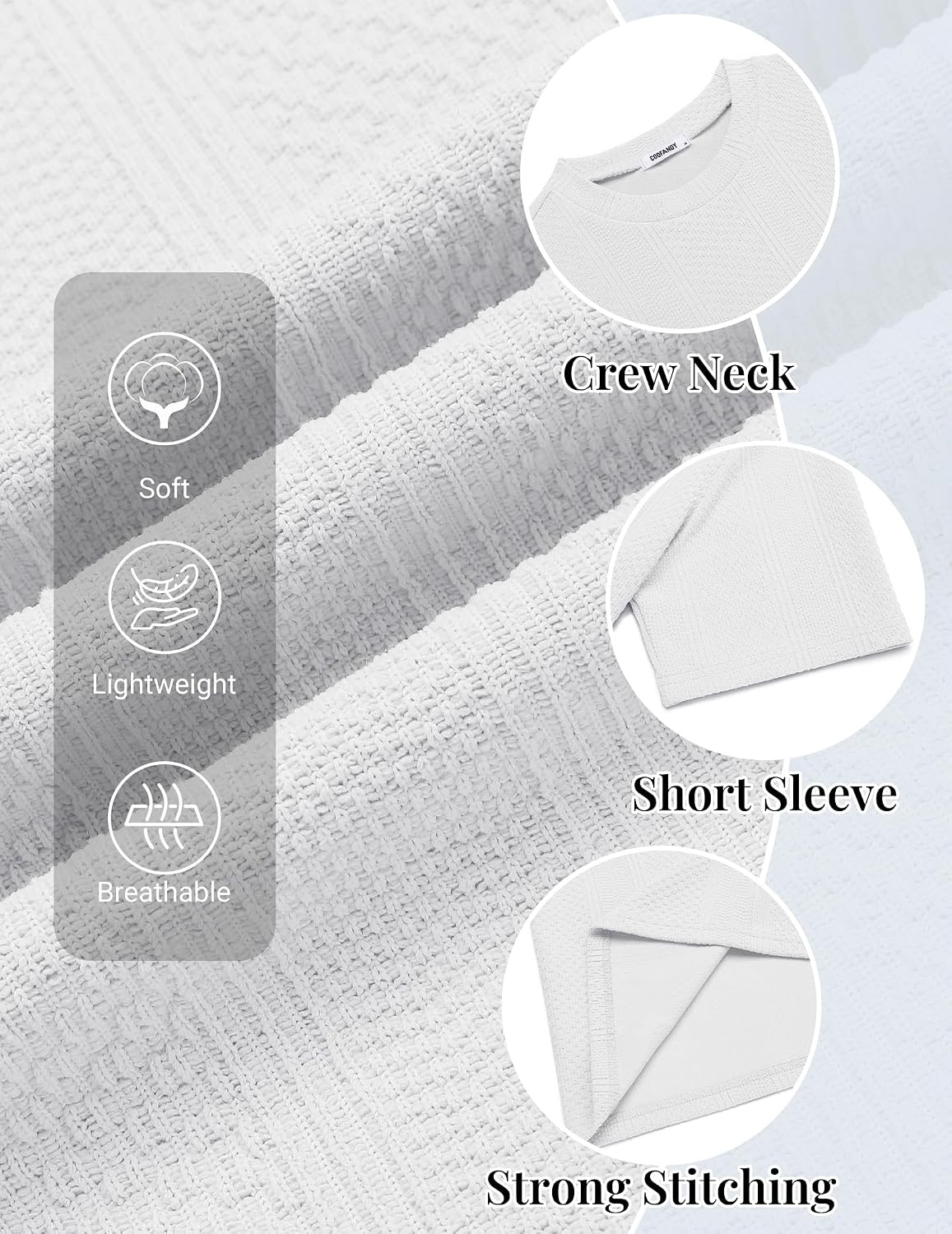 image:imageCOOFANDY Mens T Shirts Short Sleeve Casual Crewneck Pullover Tees Textured Shirts Classic Knit Summer Top Bassic Loose Tee Soft Breathable Fashion Daily Work VacationWhite