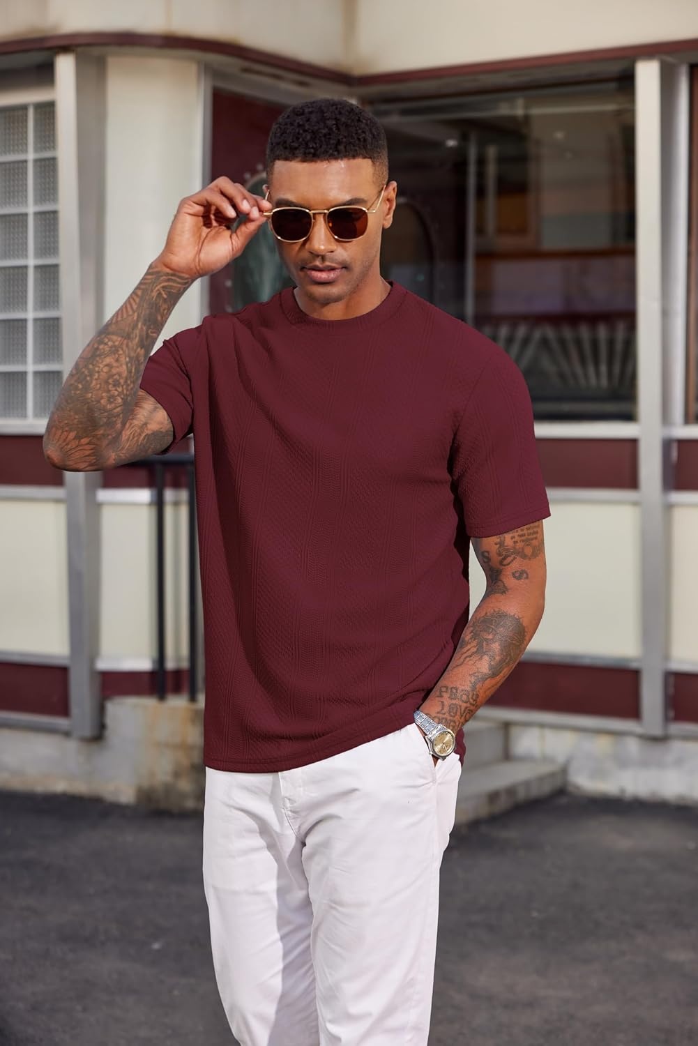 image:imageCOOFANDY Mens T Shirts Short Sleeve Casual Crewneck Pullover Tees Textured Shirts Classic Knit Summer Top Bassic Loose Tee Soft Breathable Fashion Daily Work VacationWine Red