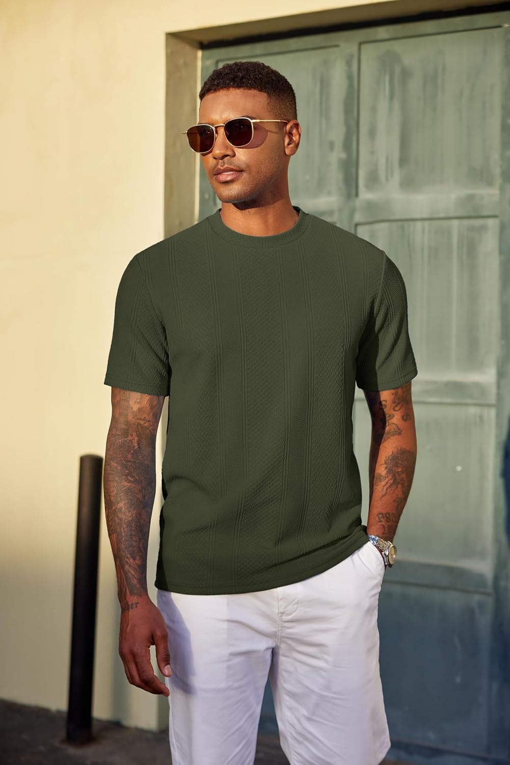 image:imageCOOFANDY Mens T Shirts Short Sleeve Casual Crewneck Pullover Tees Textured Shirts Classic Knit Summer Top Bassic Loose Tee Soft Breathable Fashion Daily Work VacationArmy Green