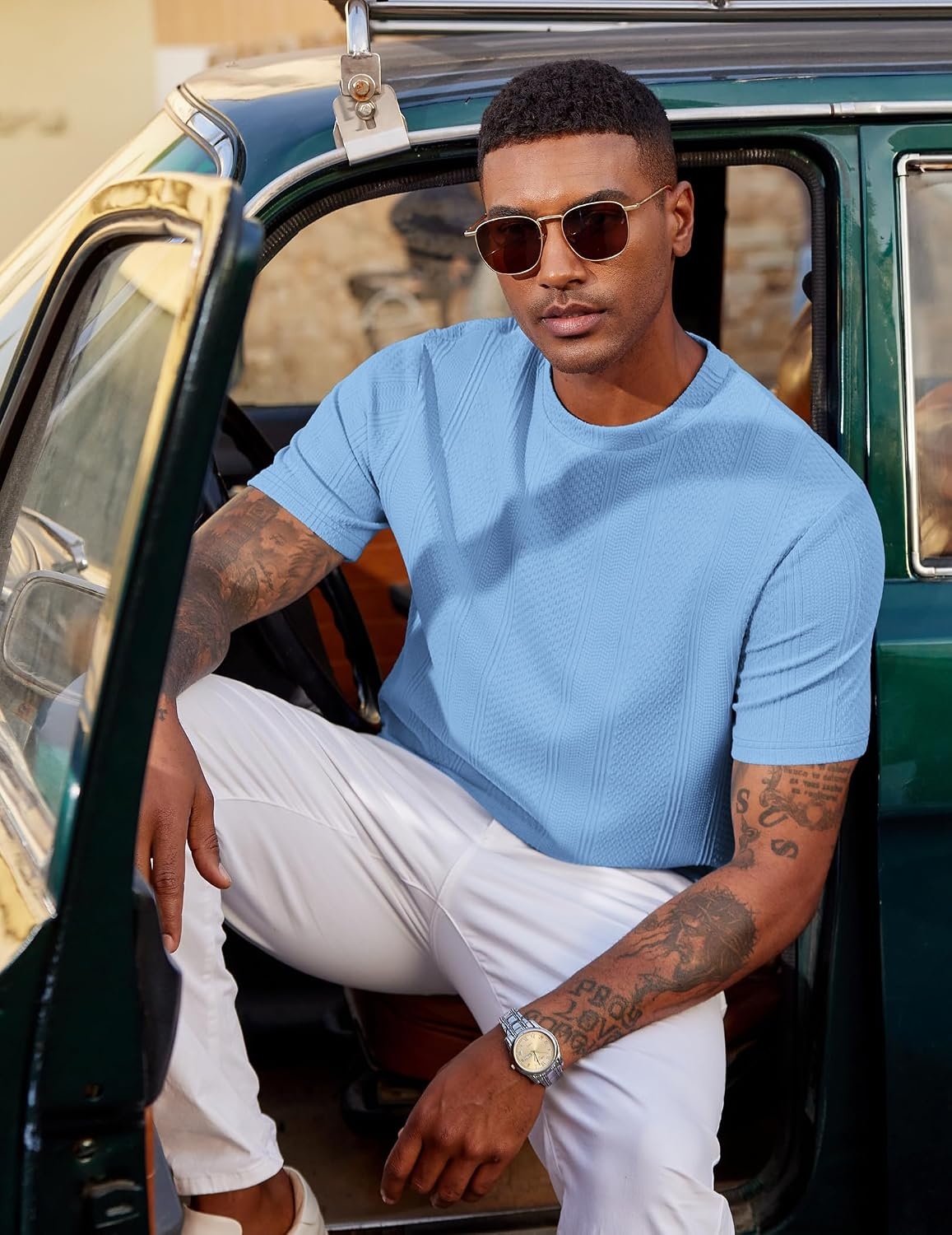 image:imageCOOFANDY Mens T Shirts Short Sleeve Casual Crewneck Pullover Tees Textured Shirts Classic Knit Summer Top Bassic Loose Tee Soft Breathable Fashion Daily Work VacationLight Blue