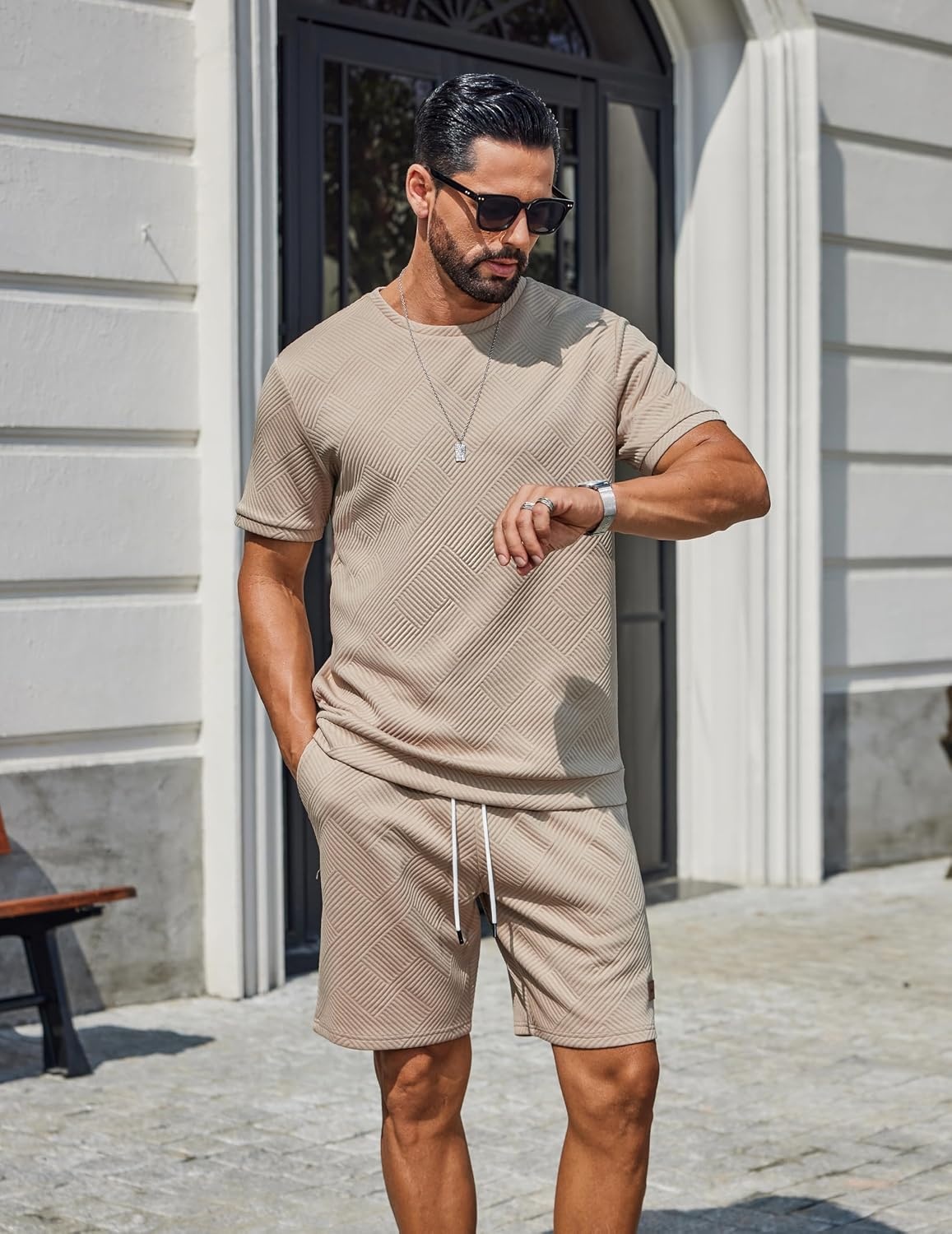 image:imageCOOFANDY Mens TwoPiece Set WrinkleResistant Stretch ShortSleeve TShirt and Shorts Summer Casual Textured OutfitsKhaki