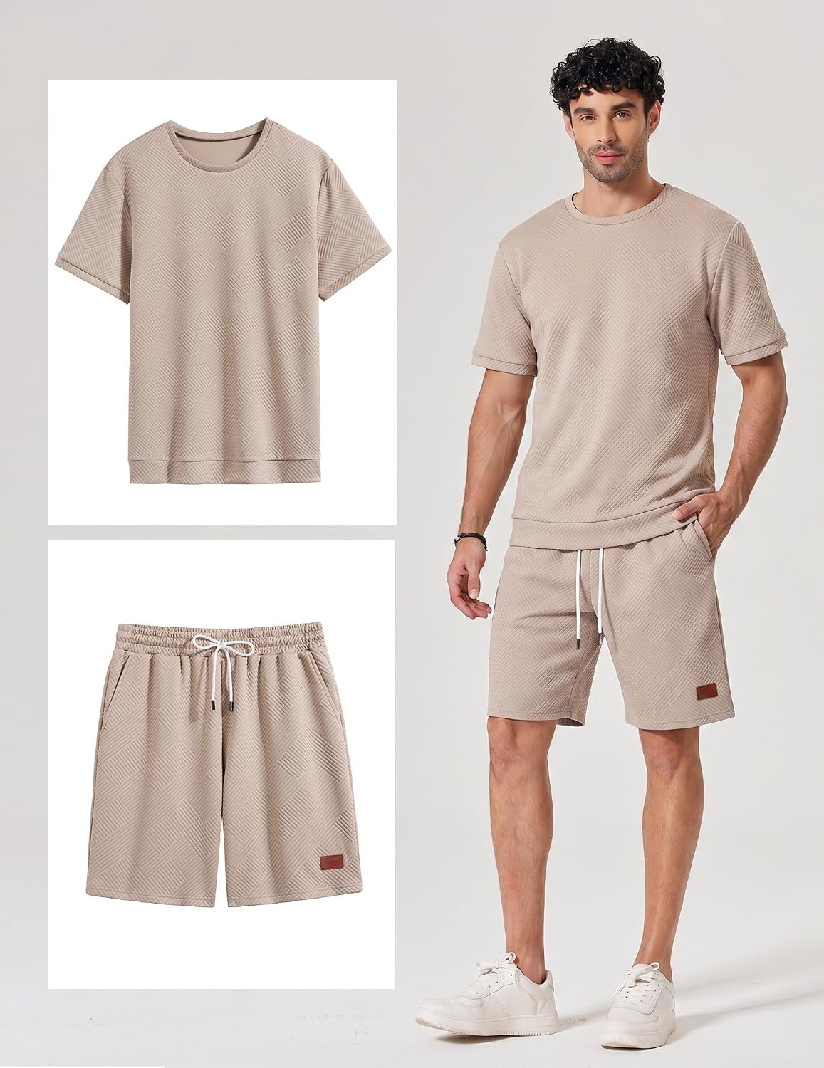 image:imageCOOFANDY Mens TwoPiece Set WrinkleResistant Stretch ShortSleeve TShirt and Shorts Summer Casual Textured OutfitsKhaki