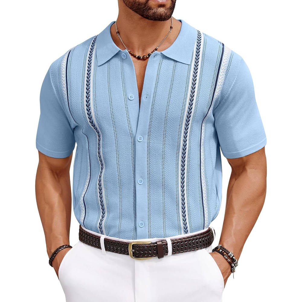 image:imageCOOFANDY Knit Shirts for Men Casual Short Sleeve Button Down Shirts Summer Beach Stretch Fit Collared ShirtsBlue