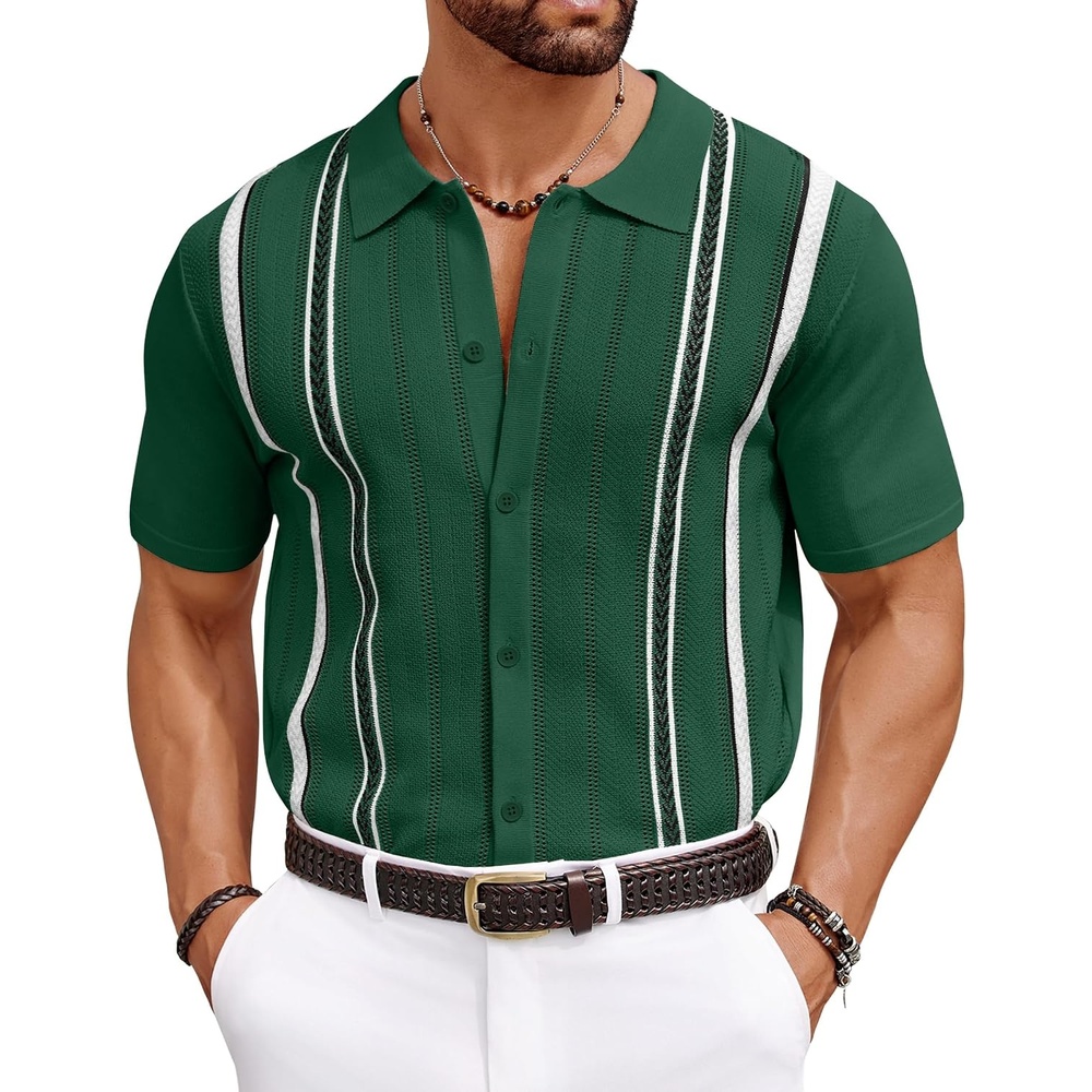image:imageCOOFANDY Knit Shirts for Men Casual Short Sleeve Button Down Shirts Summer Beach Stretch Fit Collared ShirtsDark Green