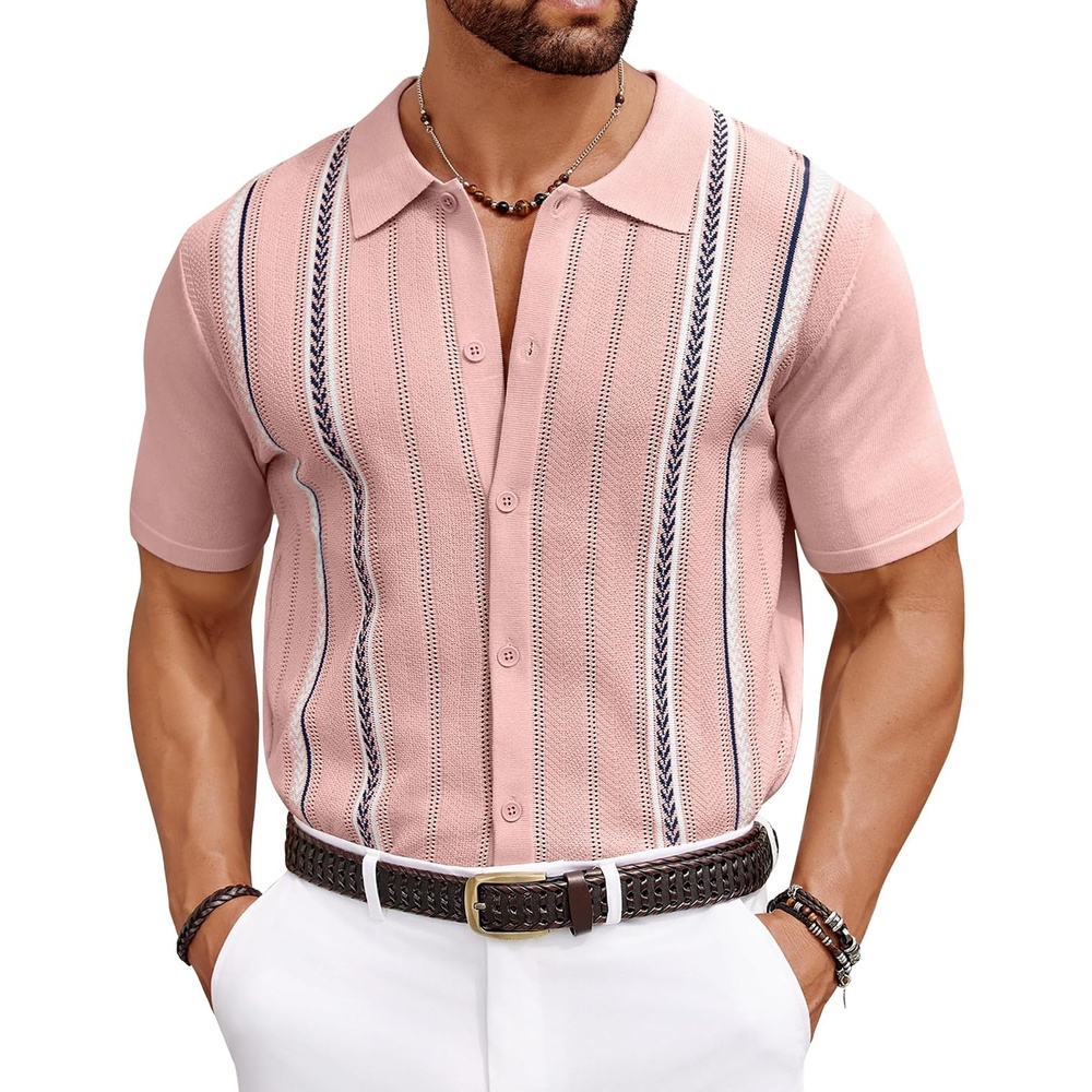image:imageCOOFANDY Knit Shirts for Men Casual Short Sleeve Button Down Shirts Summer Beach Stretch Fit Collared ShirtsDusty Rose