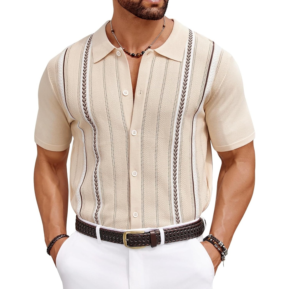 image:imageCOOFANDY Knit Shirts for Men Casual Short Sleeve Button Down Shirts Summer Beach Stretch Fit Collared ShirtsKhaki