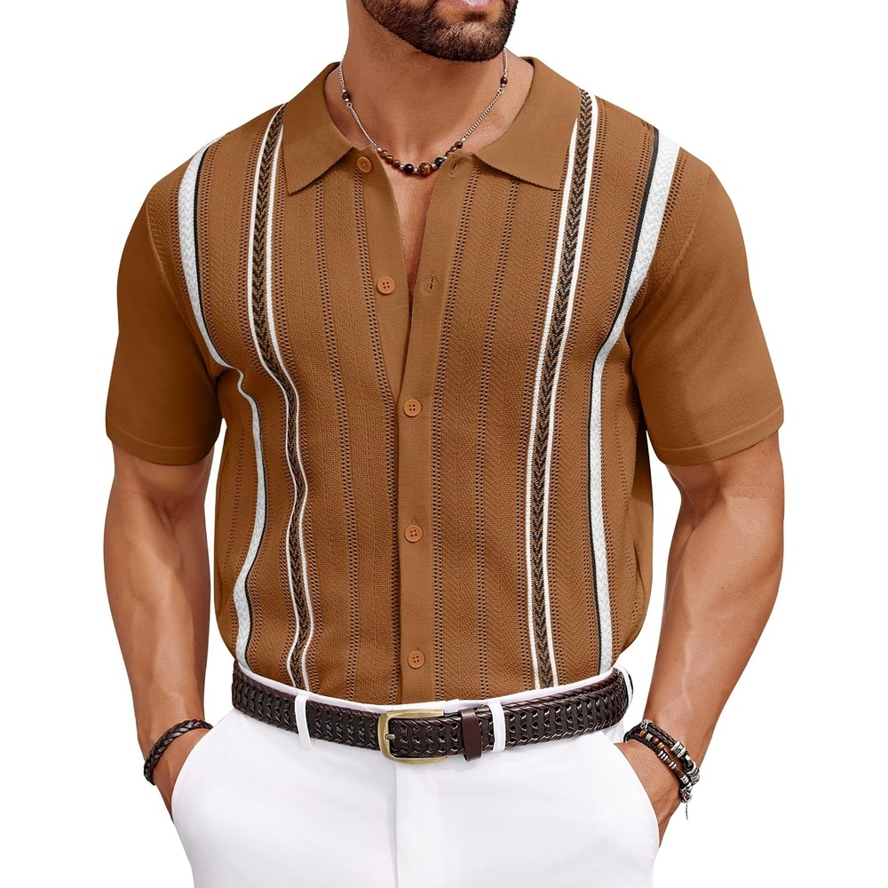 image:imageCOOFANDY Knit Shirts for Men Casual Short Sleeve Button Down Shirts Summer Beach Stretch Fit Collared ShirtsLight Brown