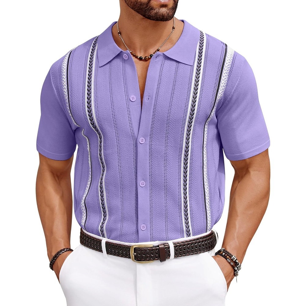 image:imageCOOFANDY Knit Shirts for Men Casual Short Sleeve Button Down Shirts Summer Beach Stretch Fit Collared ShirtsLilac