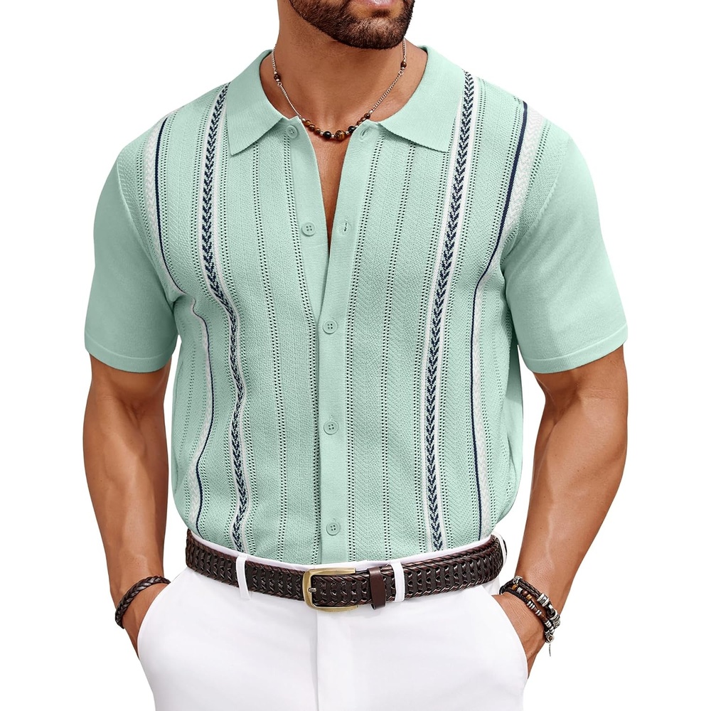 image:imageCOOFANDY Knit Shirts for Men Casual Short Sleeve Button Down Shirts Summer Beach Stretch Fit Collared ShirtsMint Green