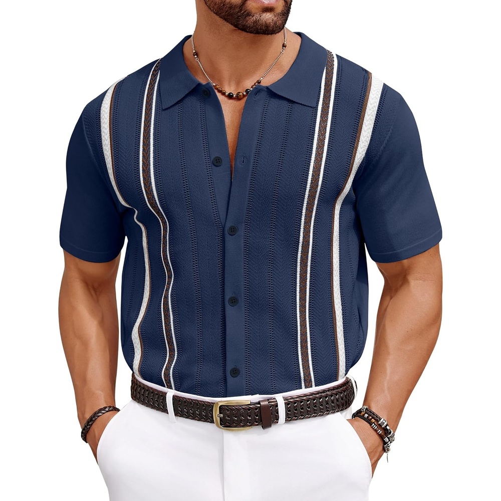 image:imageCOOFANDY Knit Shirts for Men Casual Short Sleeve Button Down Shirts Summer Beach Stretch Fit Collared ShirtsNavy