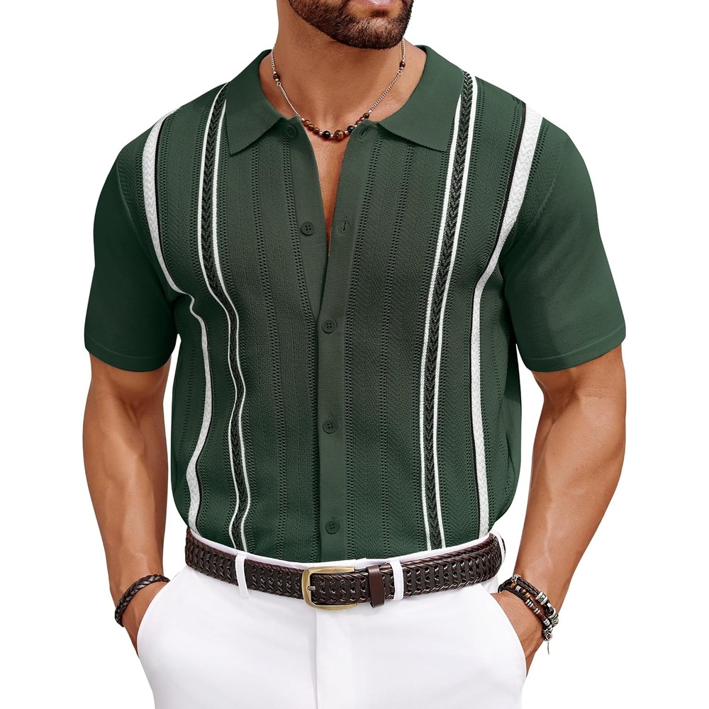 image:imageCOOFANDY Knit Shirts for Men Casual Short Sleeve Button Down Shirts Summer Beach Stretch Fit Collared ShirtsOlive Green