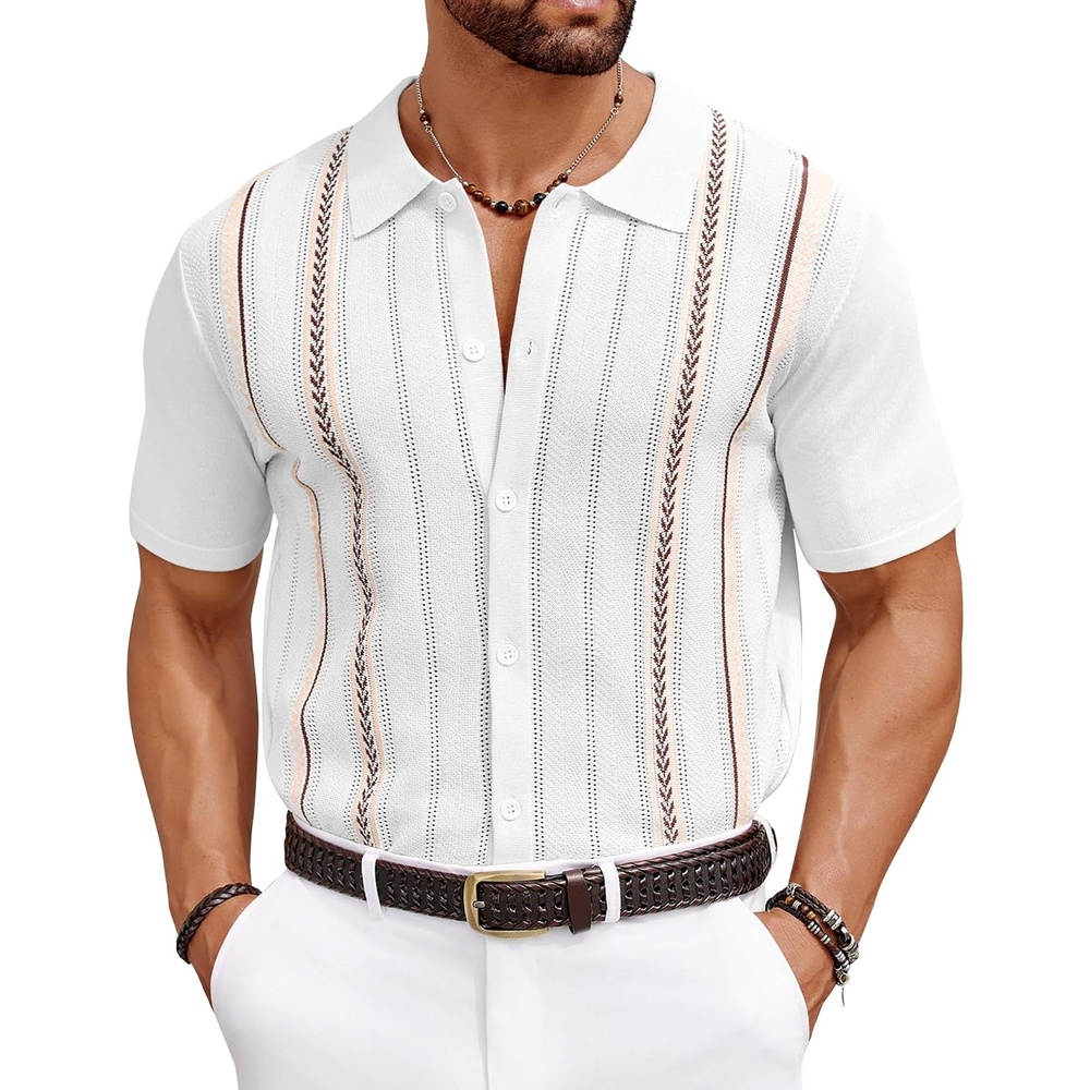 image:imageCOOFANDY Knit Shirts for Men Casual Short Sleeve Button Down Shirts Summer Beach Stretch Fit Collared ShirtsWhite