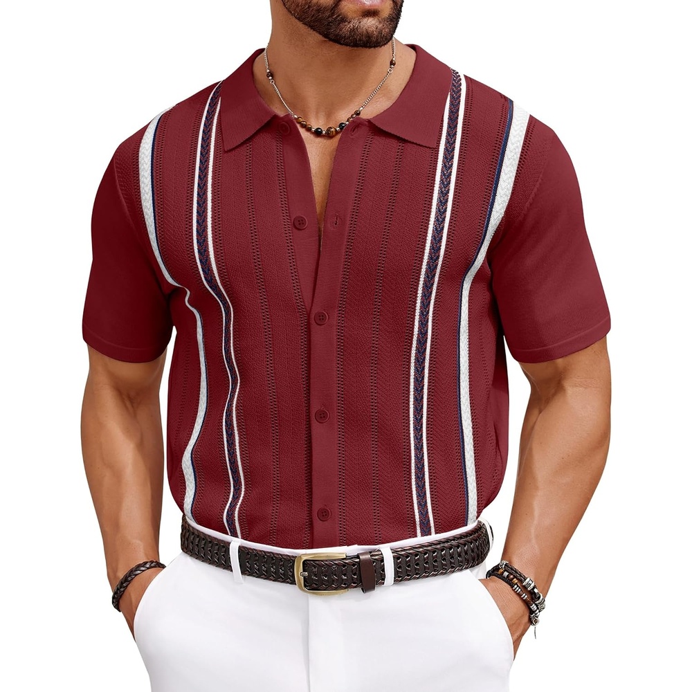 image:imageCOOFANDY Knit Shirts for Men Casual Short Sleeve Button Down Shirts Summer Beach Stretch Fit Collared ShirtsWine