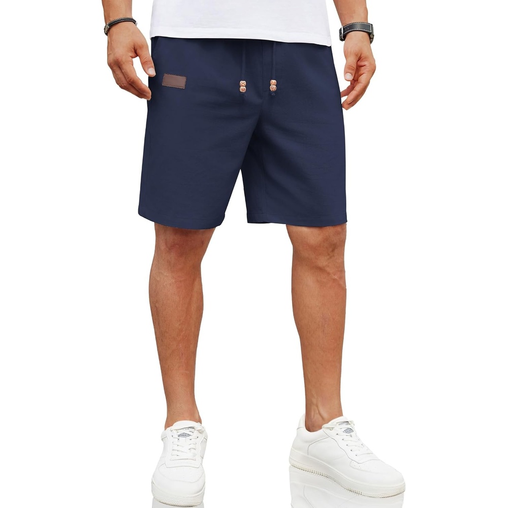 image:imageCOOFANDY Men Linen Beach Shorts Casual Drawstring Summer Vacation Shorts  Elastic Waist Lightweight Stretch Short 9 Inch Inseam Slim Fit Holiday Vacation Shorts Flat Front Short Hawaiian StyleNavy Blue