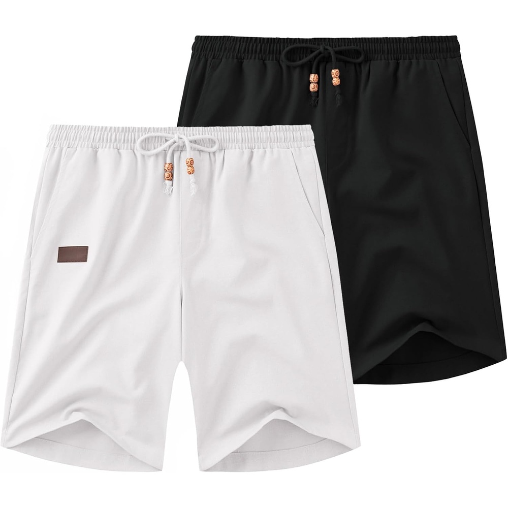 image:imageCOOFANDY Men Linen Beach Shorts Casual Drawstring Summer Vacation Shorts Elastic Waist Lightweight Stretch Short 9 Inch Inseam Slim Fit Holiday Vacation Shorts Flat Front Short Hawaiian StyleZ WhiteBlack
