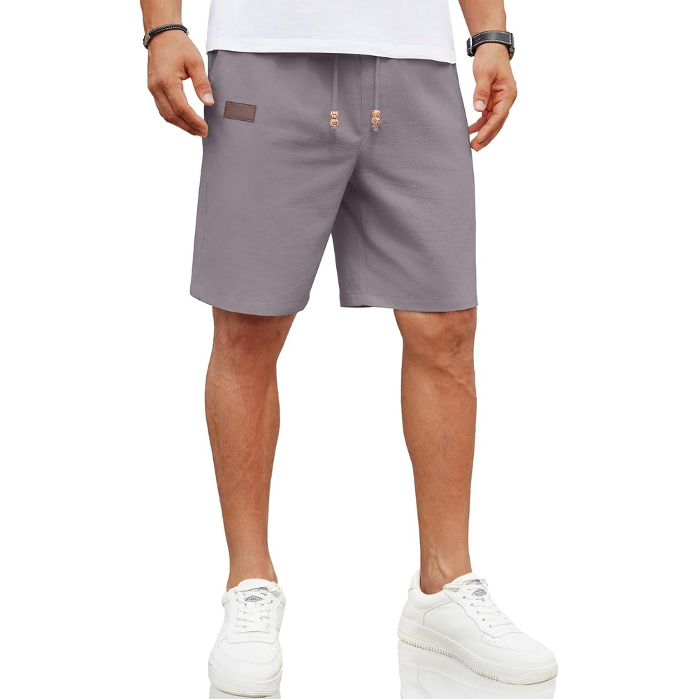 image:imageCOOFANDY Men Linen Beach Shorts Casual Drawstring Summer Vacation Shorts Elastic Waist Lightweight Stretch Short 9 Inch Inseam Slim Fit Holiday Vacation Shorts Flat Front Short Hawaiian StyleMedium Grey