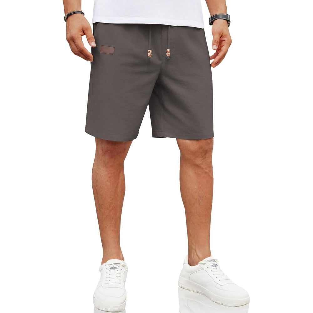 image:imageCOOFANDY Men Linen Beach Shorts Casual Drawstring Summer Vacation Shorts Elastic Waist Lightweight Stretch Short 9 Inch Inseam Slim Fit Holiday Vacation Shorts Flat Front Short Hawaiian StyleDark Grey