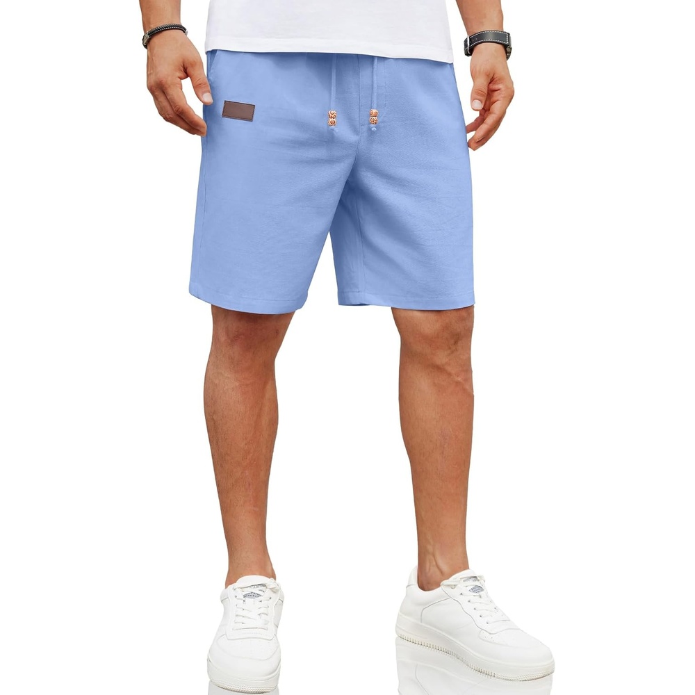 image:imageCOOFANDY Men Linen Beach Shorts Casual Drawstring Summer Vacation Shorts Elastic Waist Lightweight Stretch Short 9 Inch Inseam Slim Fit Holiday Vacation Shorts Flat Front Short Hawaiian StyleSky Blue