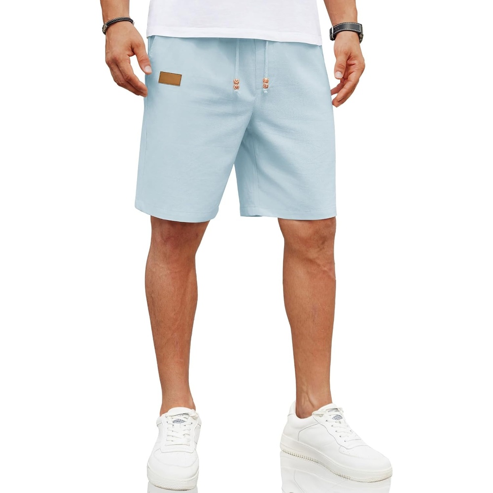 image:imageCOOFANDY Men Linen Beach Shorts Casual Drawstring Summer Vacation Shorts Elastic Waist Lightweight Stretch Short 9 Inch Inseam Slim Fit Holiday Vacation Shorts Flat Front Short Hawaiian StyleLight Blue