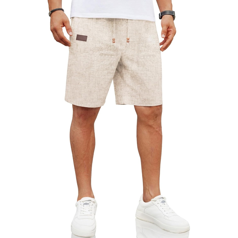 image:imageCOOFANDY Men Linen Beach Shorts Casual Drawstring Summer Vacation Shorts Elastic Waist Lightweight Stretch Short 9 Inch Inseam Slim Fit Holiday Vacation Shorts Flat Front Short Hawaiian StyleKhaki