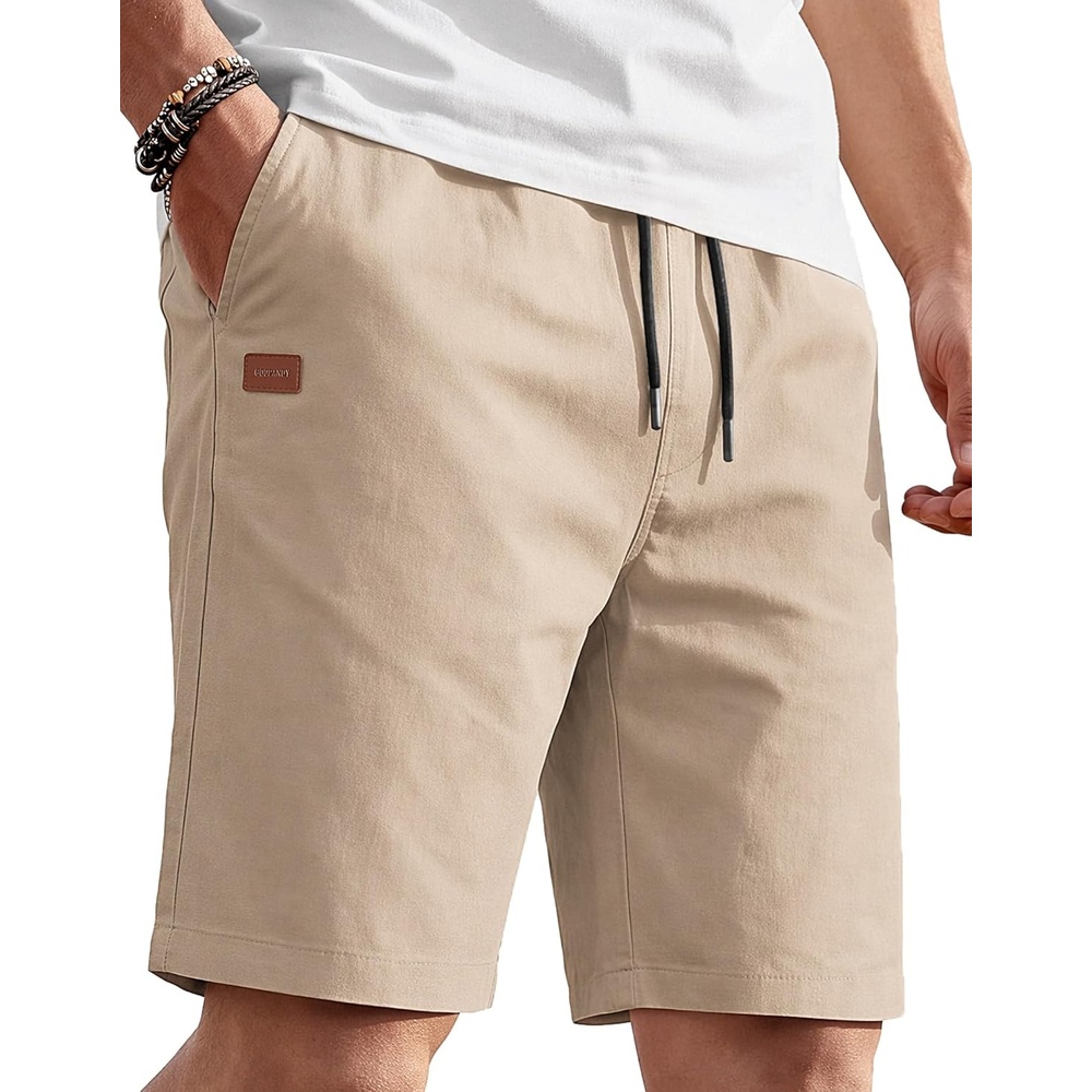 image:imageCOOFANDY Mens Casual Cotton 9 Shorts Drawstring Summer Beach Chino Shorts Elastic Waist Twill Cotton Fabric Deep Side Pockets 9 Inch Chino Length Regular Fit Leather Logo Summer Cruise VacationBeige
