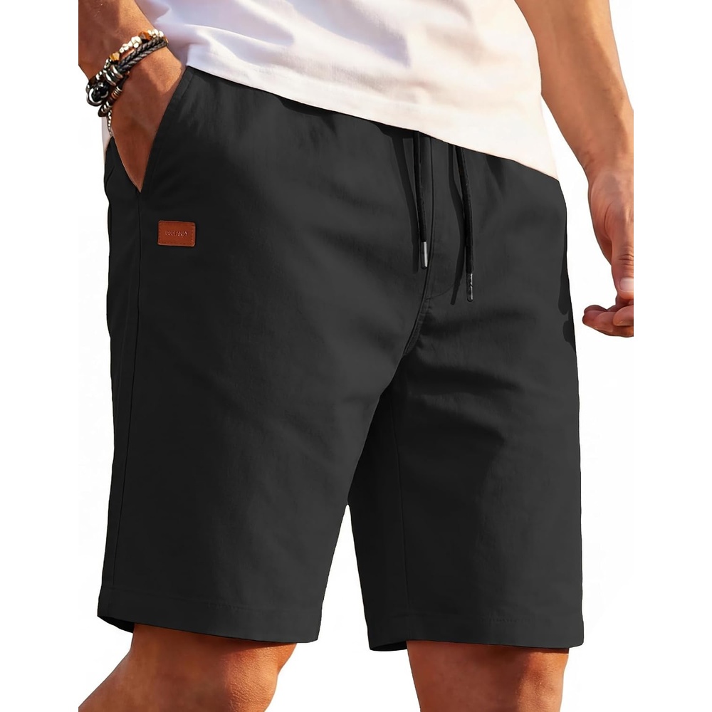 image:imageCOOFANDY Mens Casual Cotton 9 Shorts Drawstring Summer Beach Chino Shorts Elastic Waist Twill Cotton Fabric Deep Side Pockets 9 Inch Chino Length Regular Fit Leather Logo Summer Cruise VacationAblack
