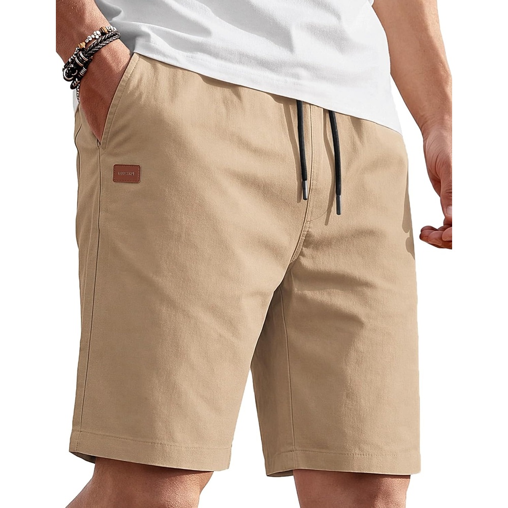 image:imageCOOFANDY Mens Casual Cotton 9 Shorts Drawstring Summer Beach Chino Shorts  Elastic Waist Twill Cotton Fabric Deep Side Pockets 9 Inch Chino Length Regular Fit Leather Logo Summer Cruise VacationKhaki