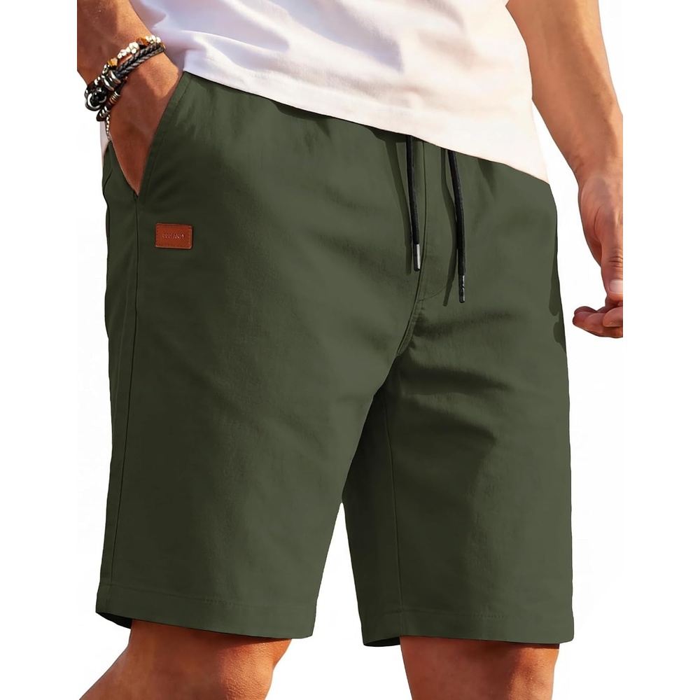 image:imageCOOFANDY Mens Casual Cotton 9 Shorts Drawstring Summer Beach Chino Shorts  Elastic Waist Twill Cotton Fabric Deep Side Pockets 9 Inch Chino Length Regular Fit Leather Logo Summer Cruise VacationGreen