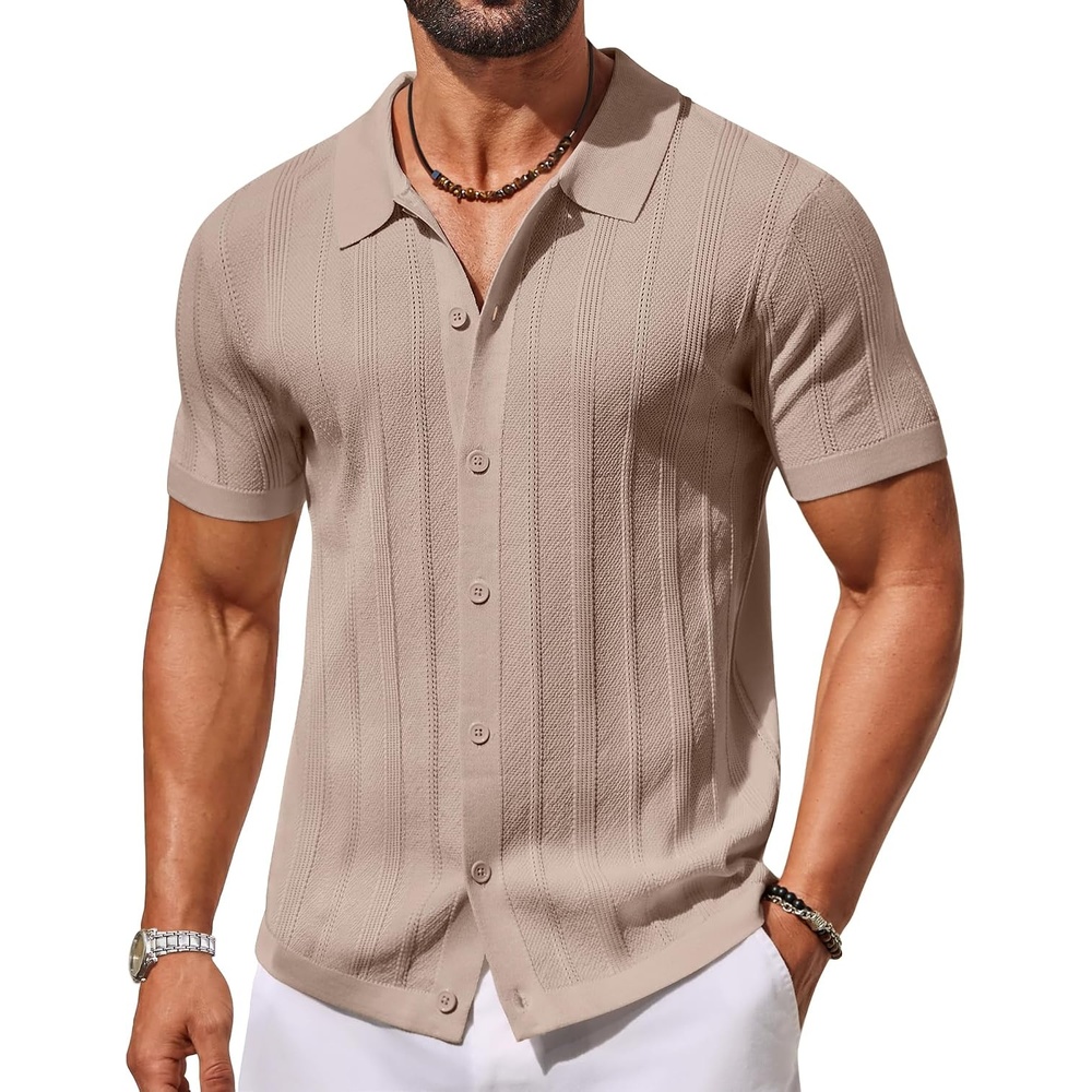 image:imageCOOFANDY Mens Knit Button Down Shirts Short Sleeve Polo Shirt for Vacation Knit ShirtButton Up Shirt Casual Shirt Summer ShirtOld Money ClothesGoing Out ShirtBusiness Casual ShirtCrochet ShirtKhaki